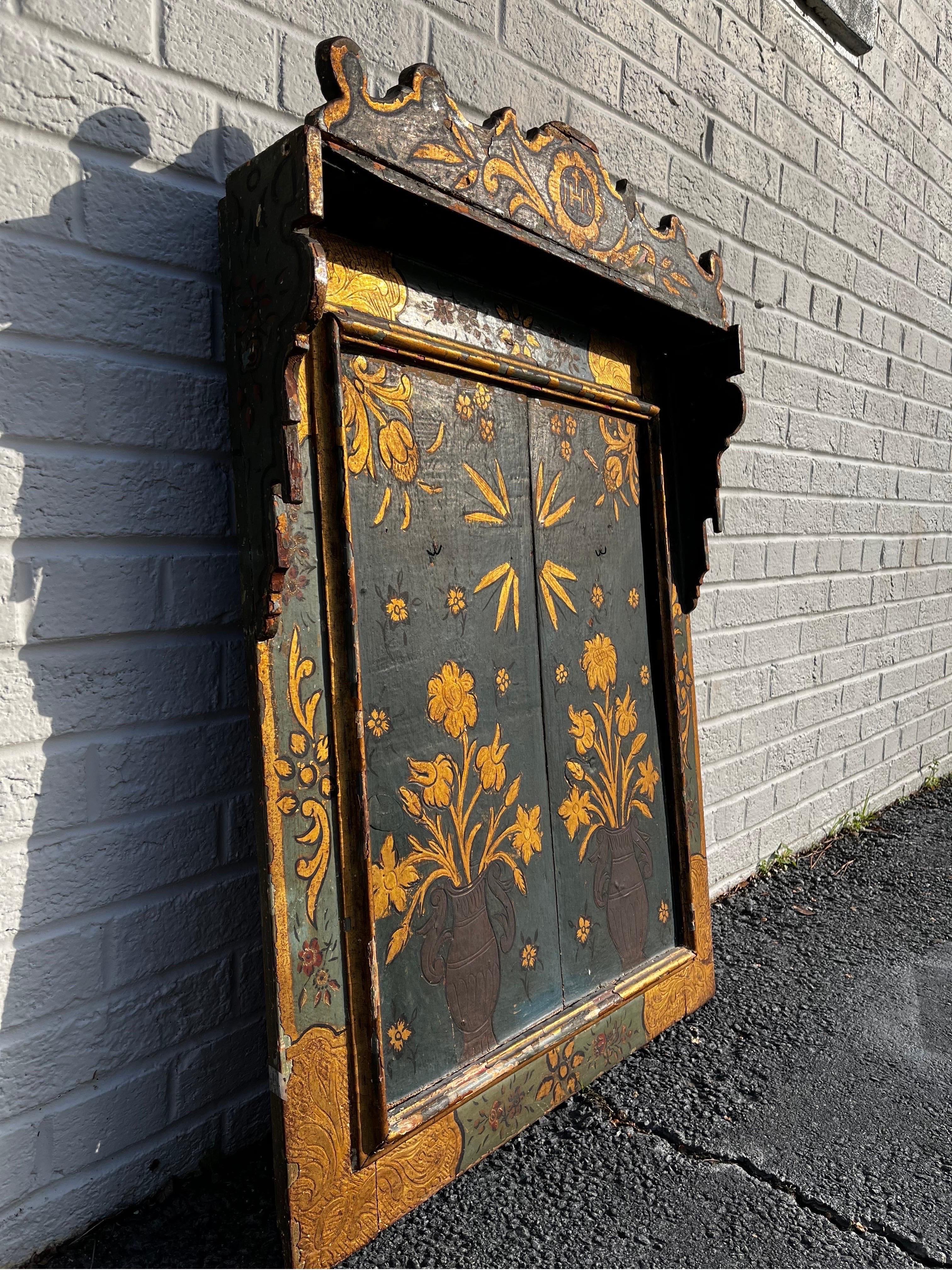 Antique Hand Painted and Gilt Wood Religious Creche Reliquary Wall Shelf JHS 8