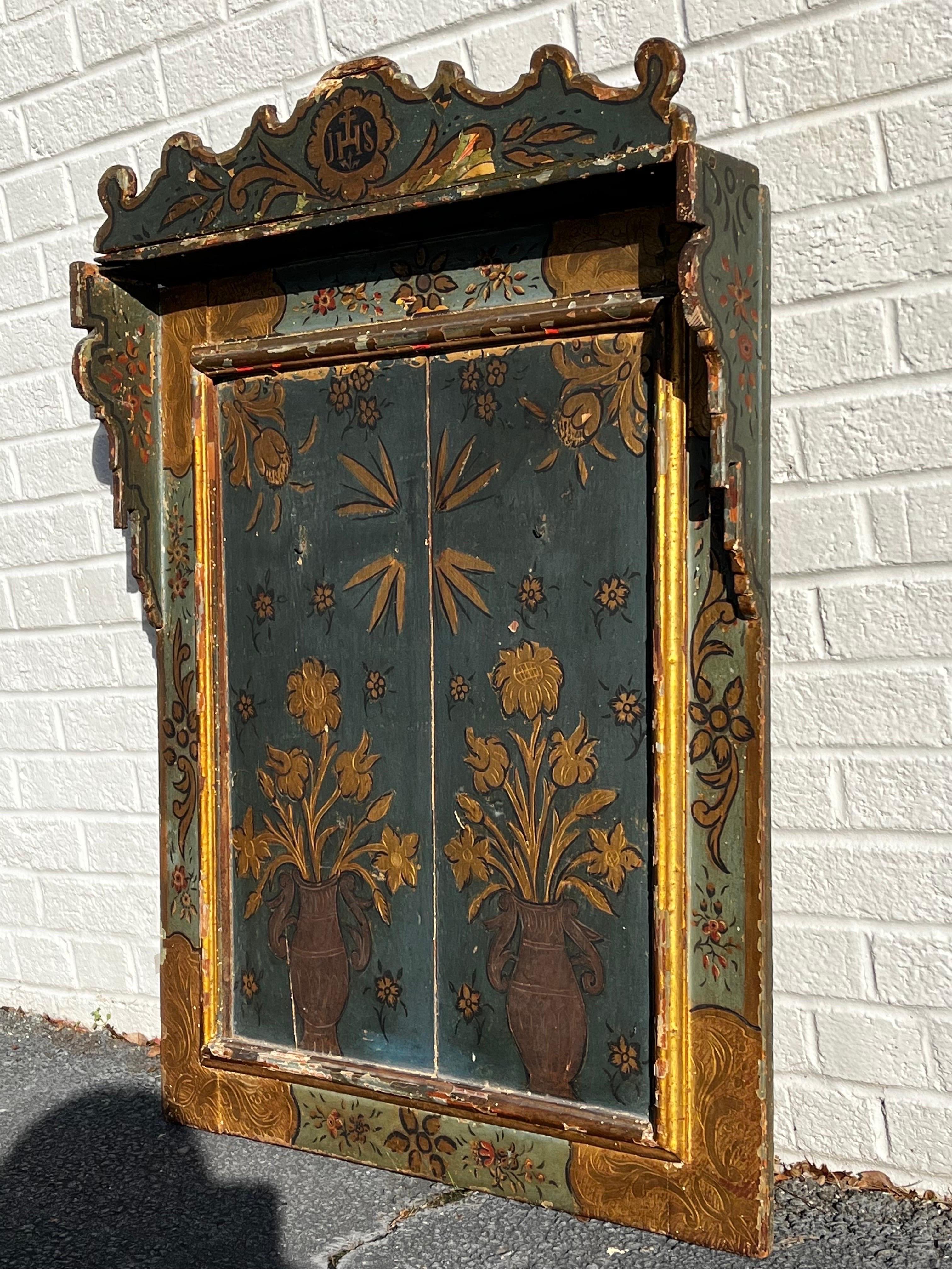Antique Hand Painted and Gilt Wood Religious Creche Reliquary Wall Shelf JHS 9