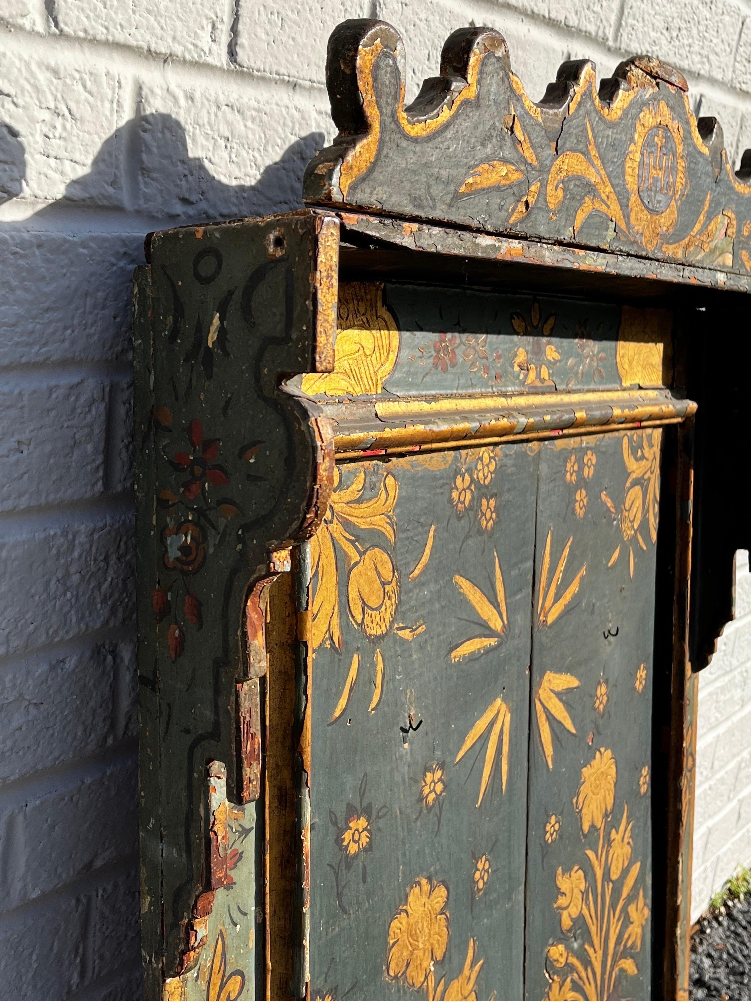 Antique Hand Painted and Gilt Wood Religious Creche Reliquary Wall Shelf JHS 10