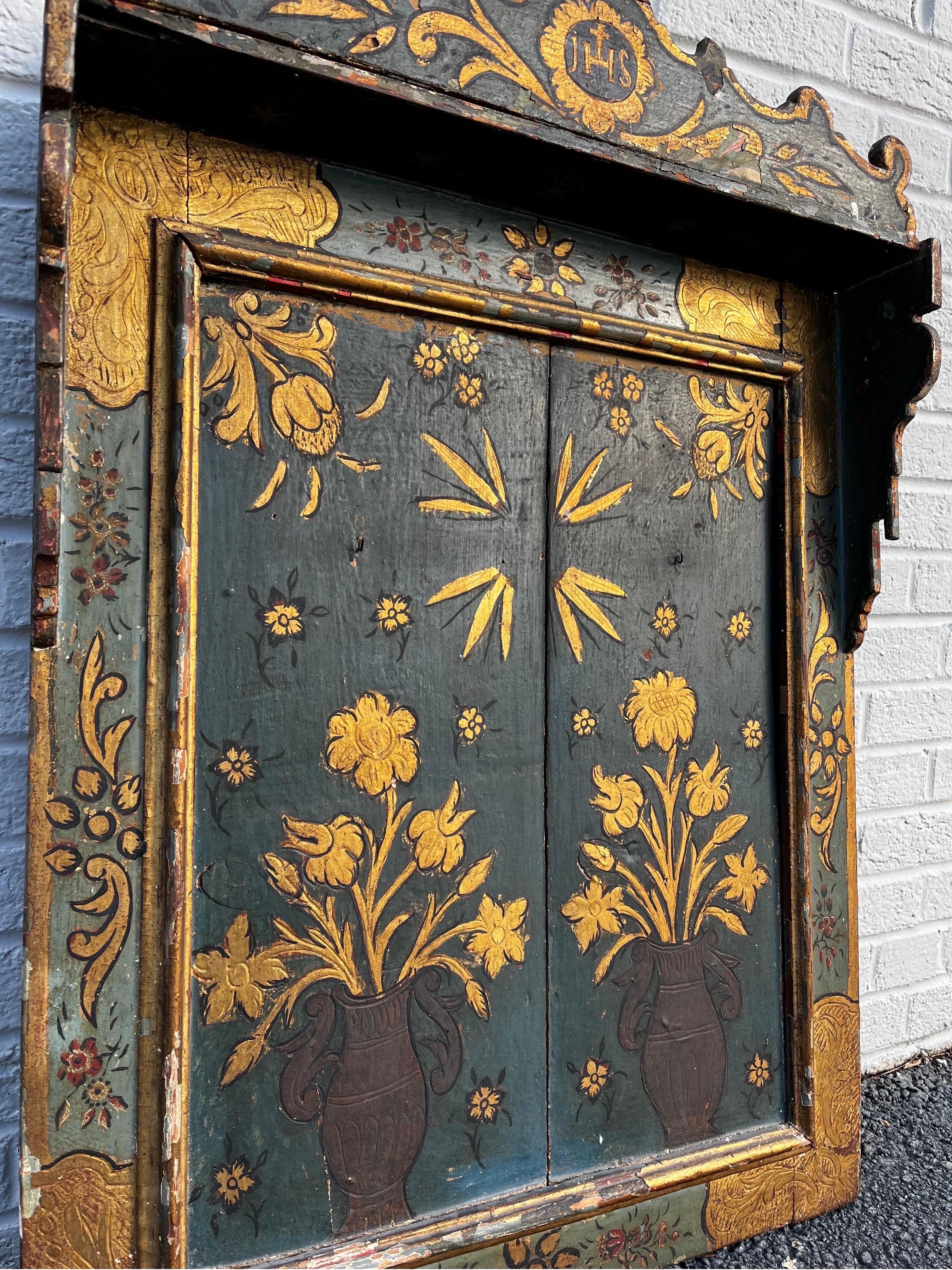 19th Century Antique Hand Painted and Gilt Wood Religious Creche Reliquary Wall Shelf JHS