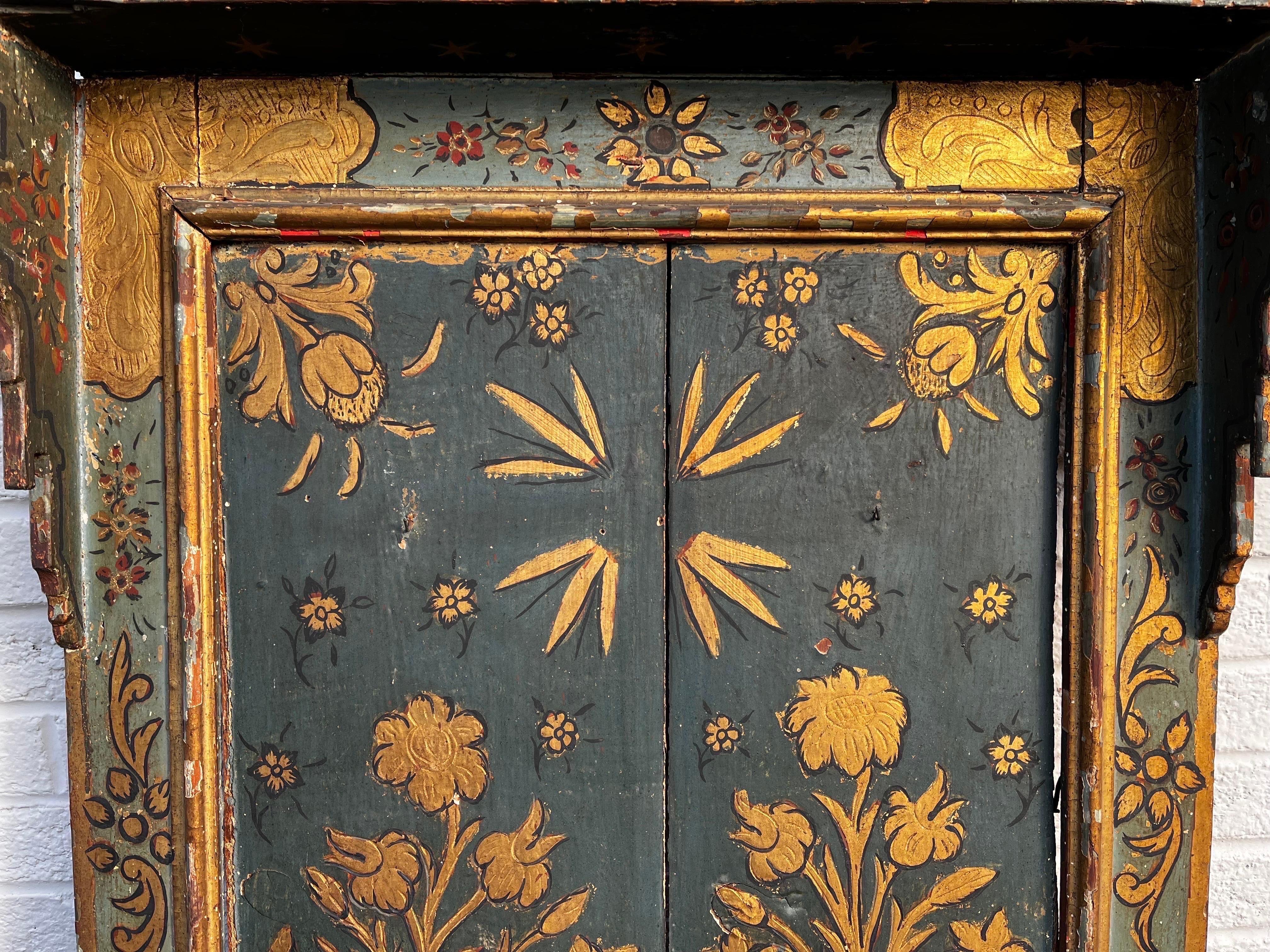 Antique Hand Painted and Gilt Wood Religious Creche Reliquary Wall Shelf JHS 1