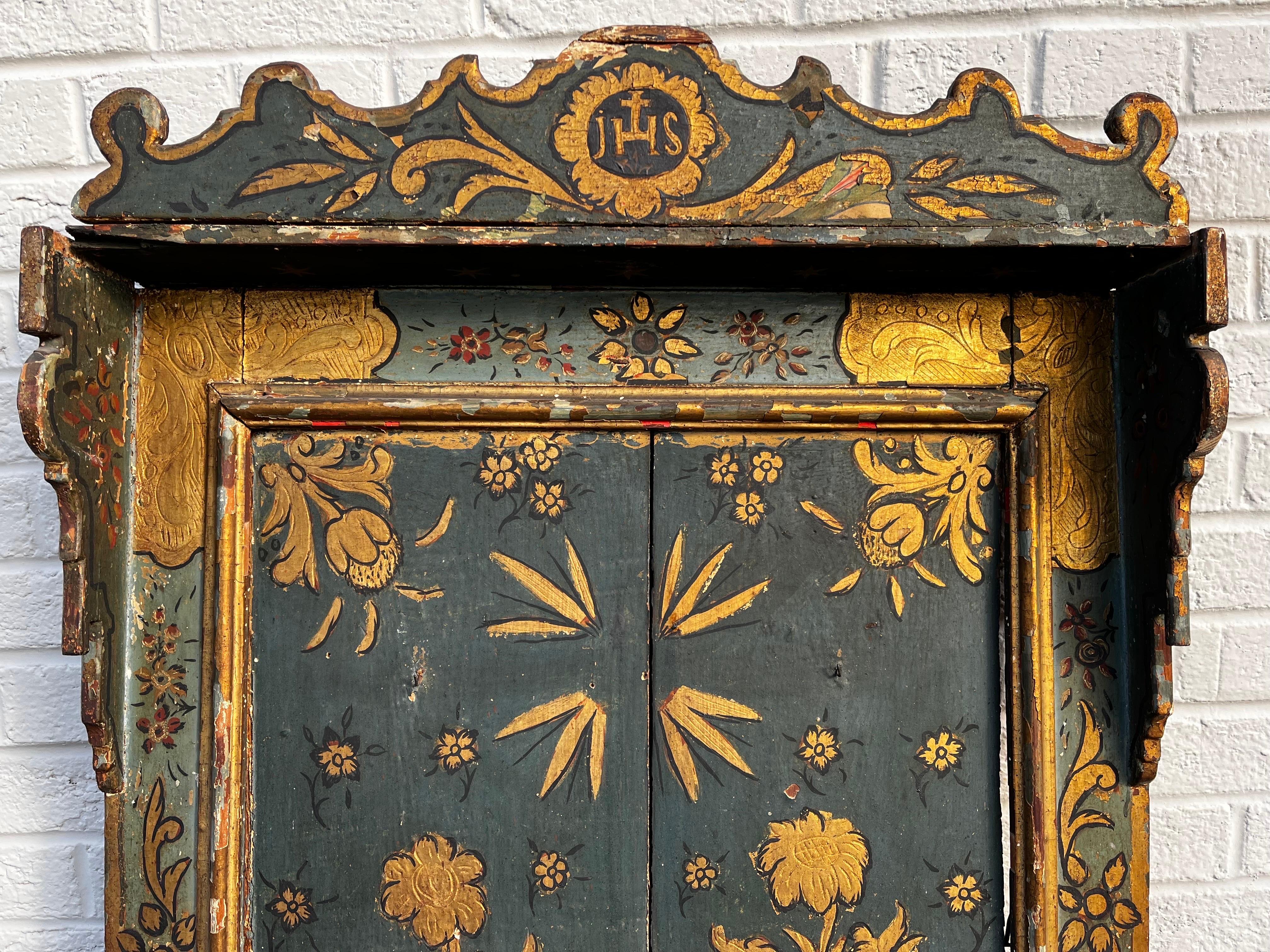 Antique Hand Painted and Gilt Wood Religious Creche Reliquary Wall Shelf JHS 2