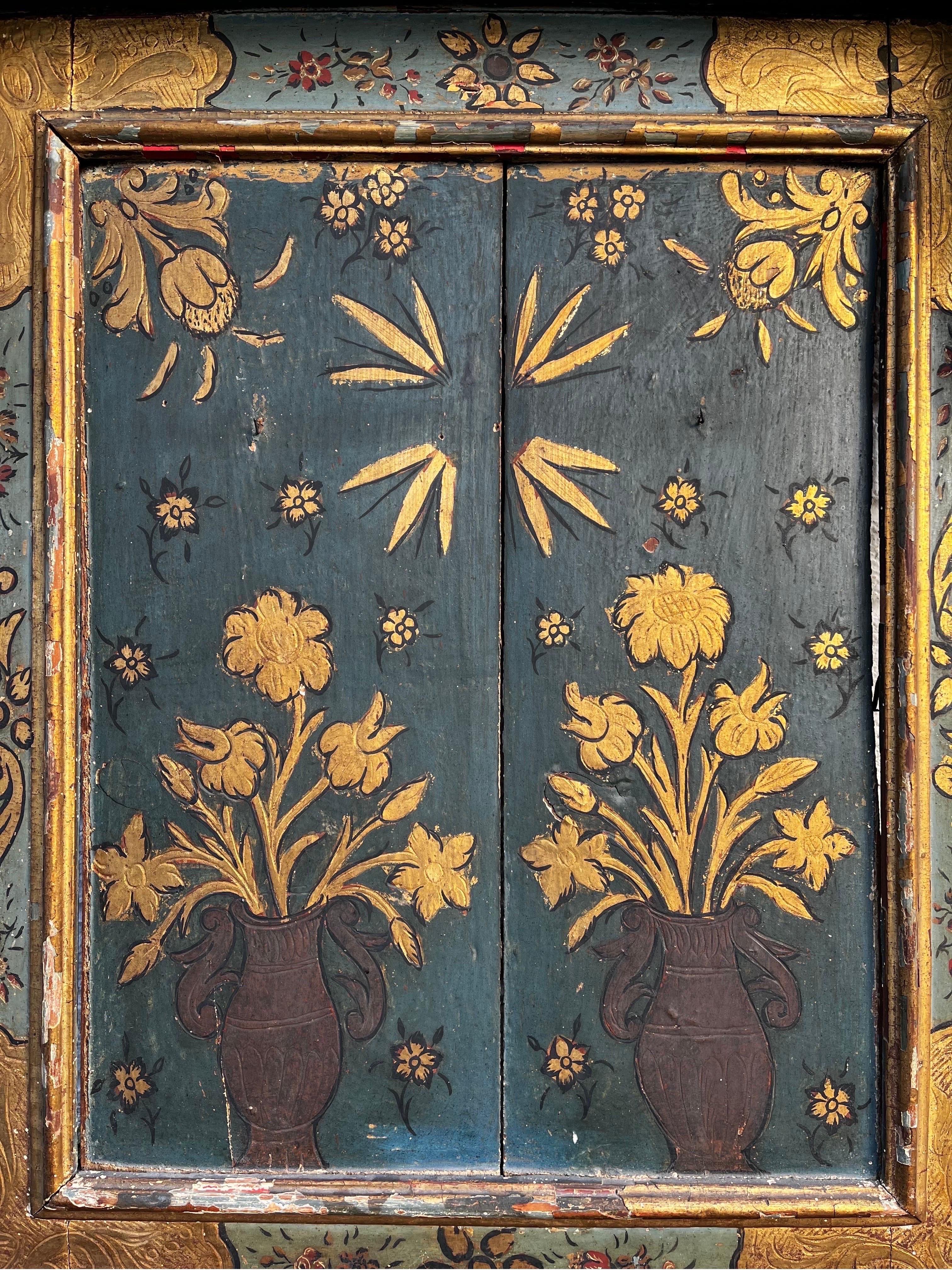 Antique Hand Painted and Gilt Wood Religious Creche Reliquary Wall Shelf JHS 3