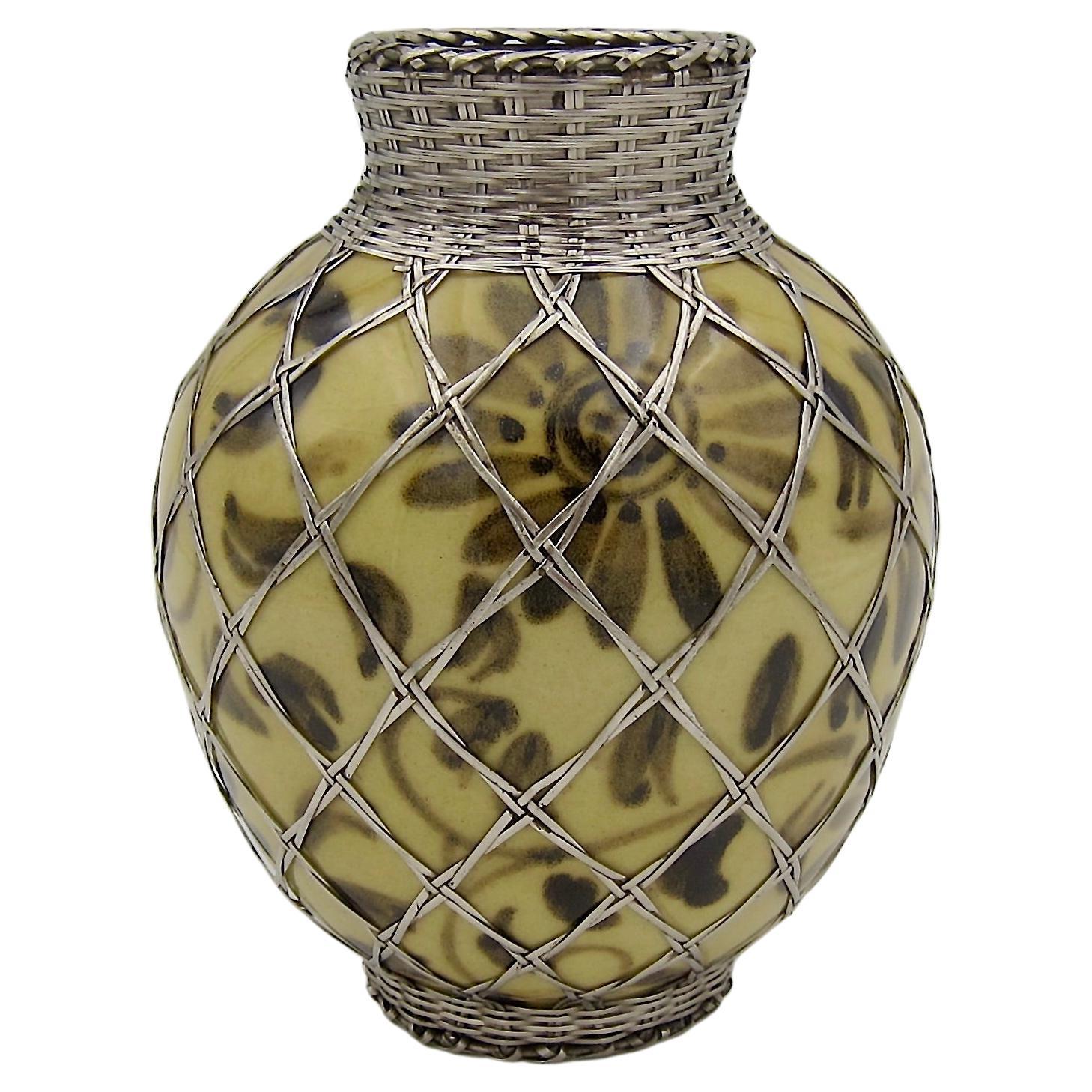 Antique Hand-Painted Art Pottery Vase With Silver Basket Weave Overlay