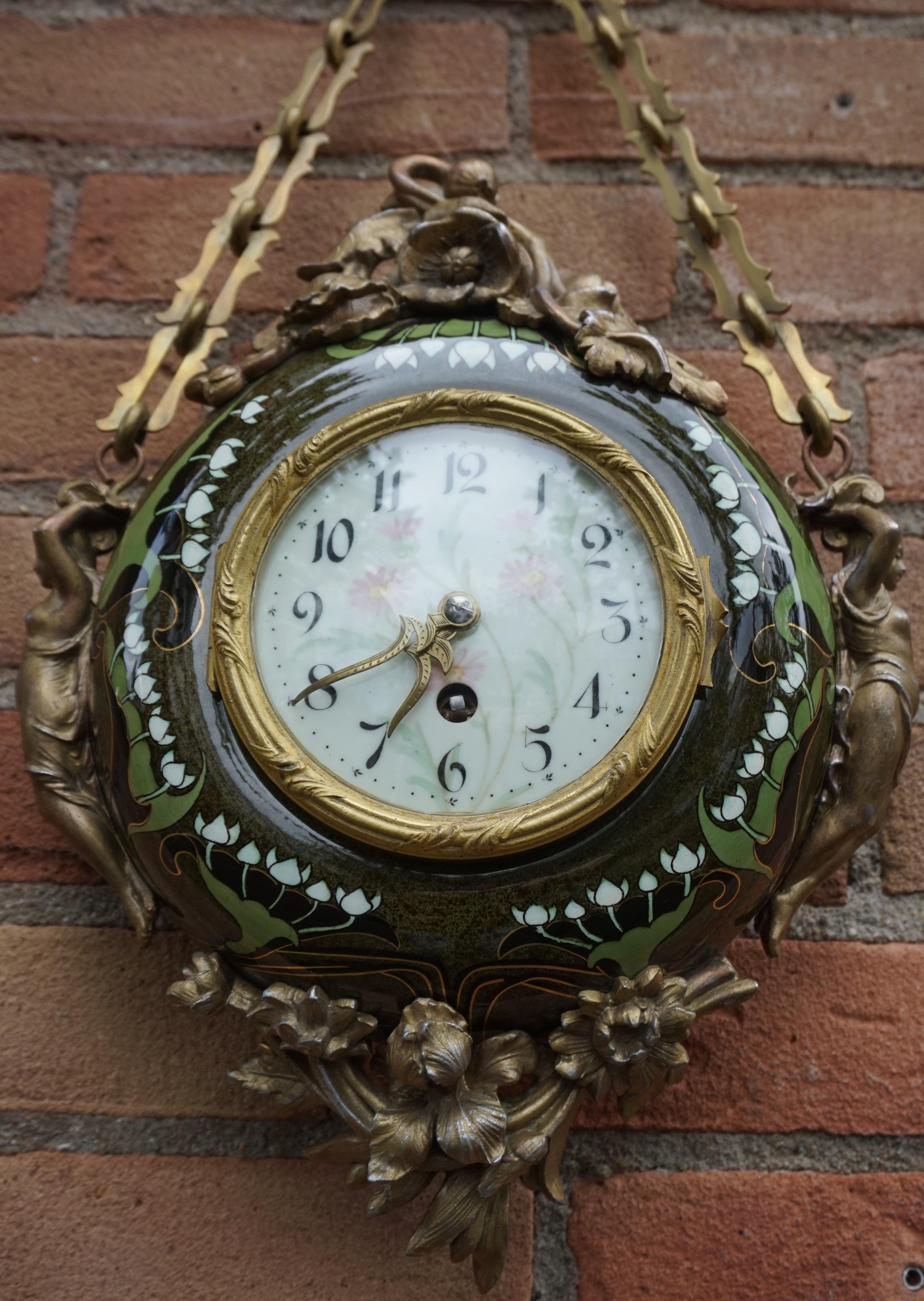 Antique & Hand Painted Arts & Crafts Majolica Wall Clock with Enameled Dial Face 5