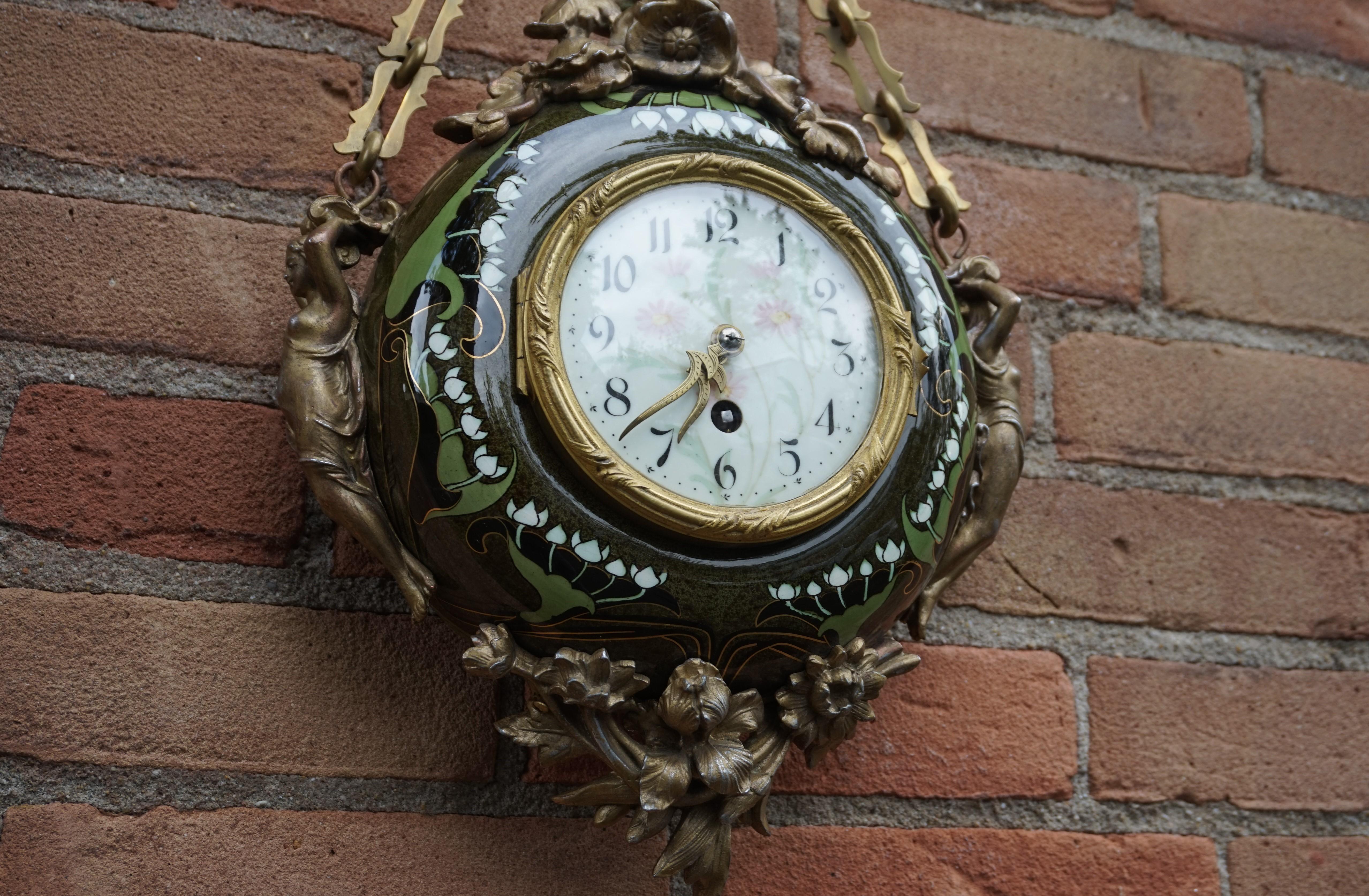 Antique & Hand Painted Arts & Crafts Majolica Wall Clock with Enameled Dial Face 7