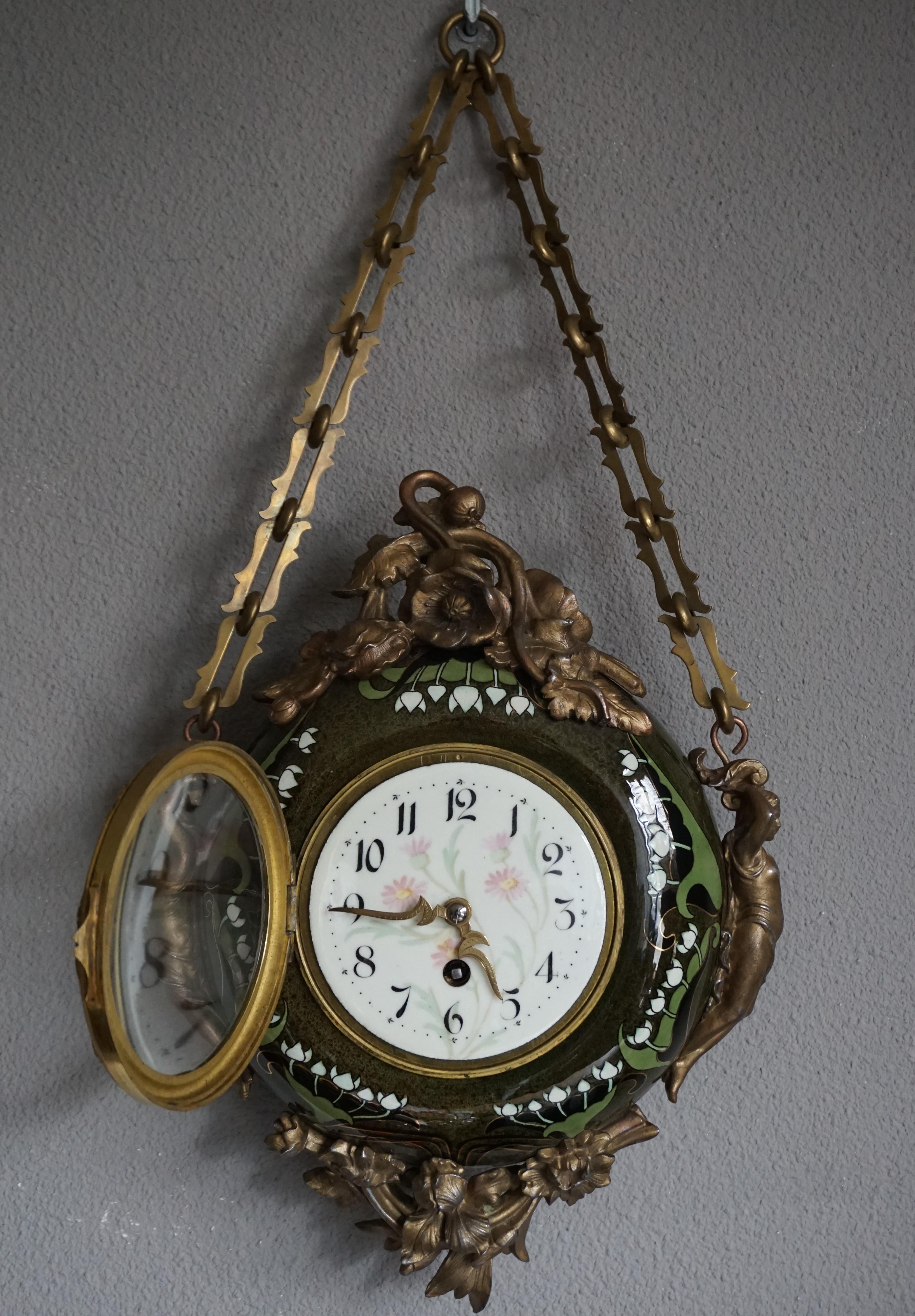 Arts and Crafts Antique & Hand Painted Arts & Crafts Majolica Wall Clock with Enameled Dial Face