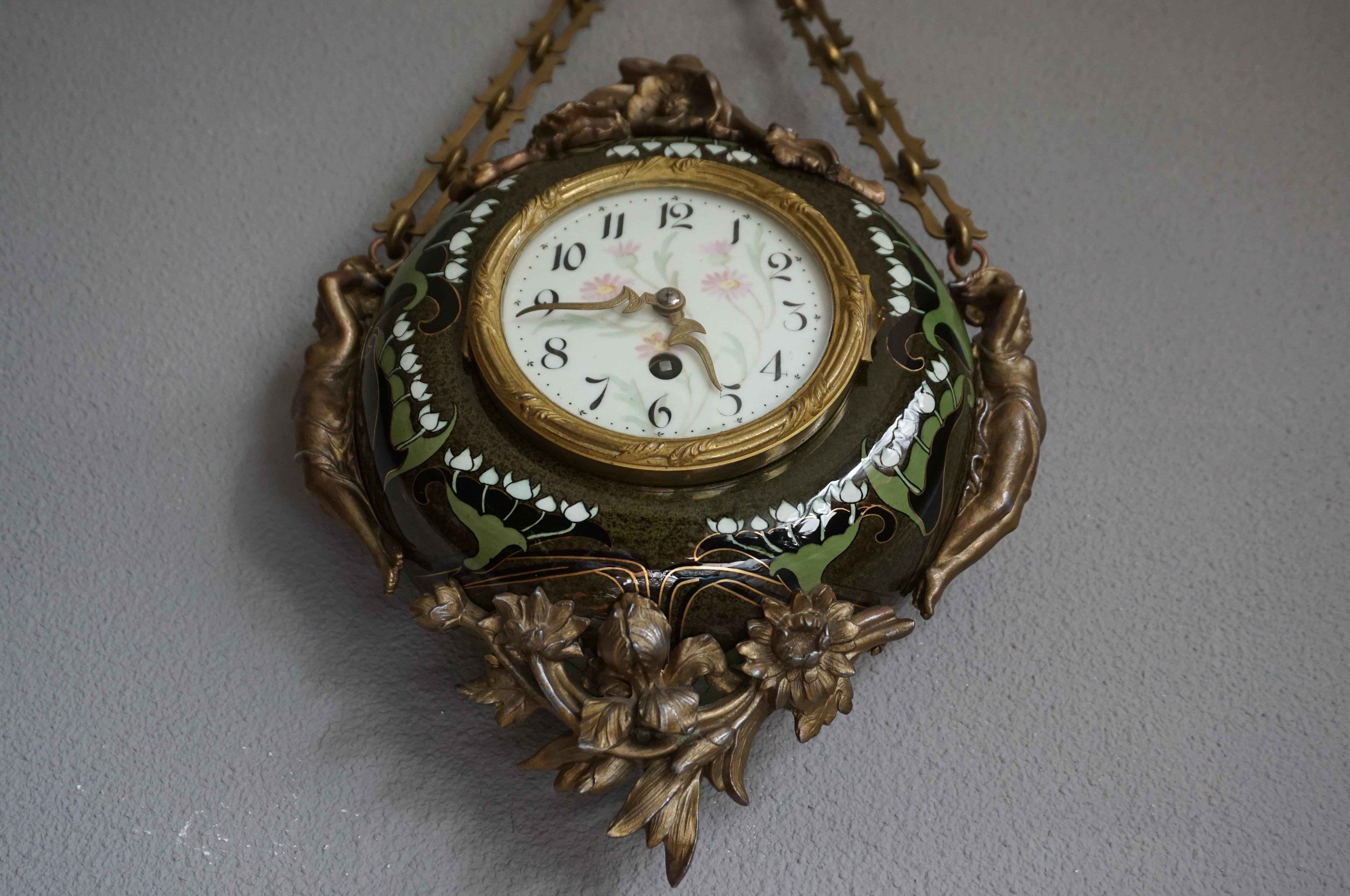 European Antique & Hand Painted Arts & Crafts Majolica Wall Clock with Enameled Dial Face