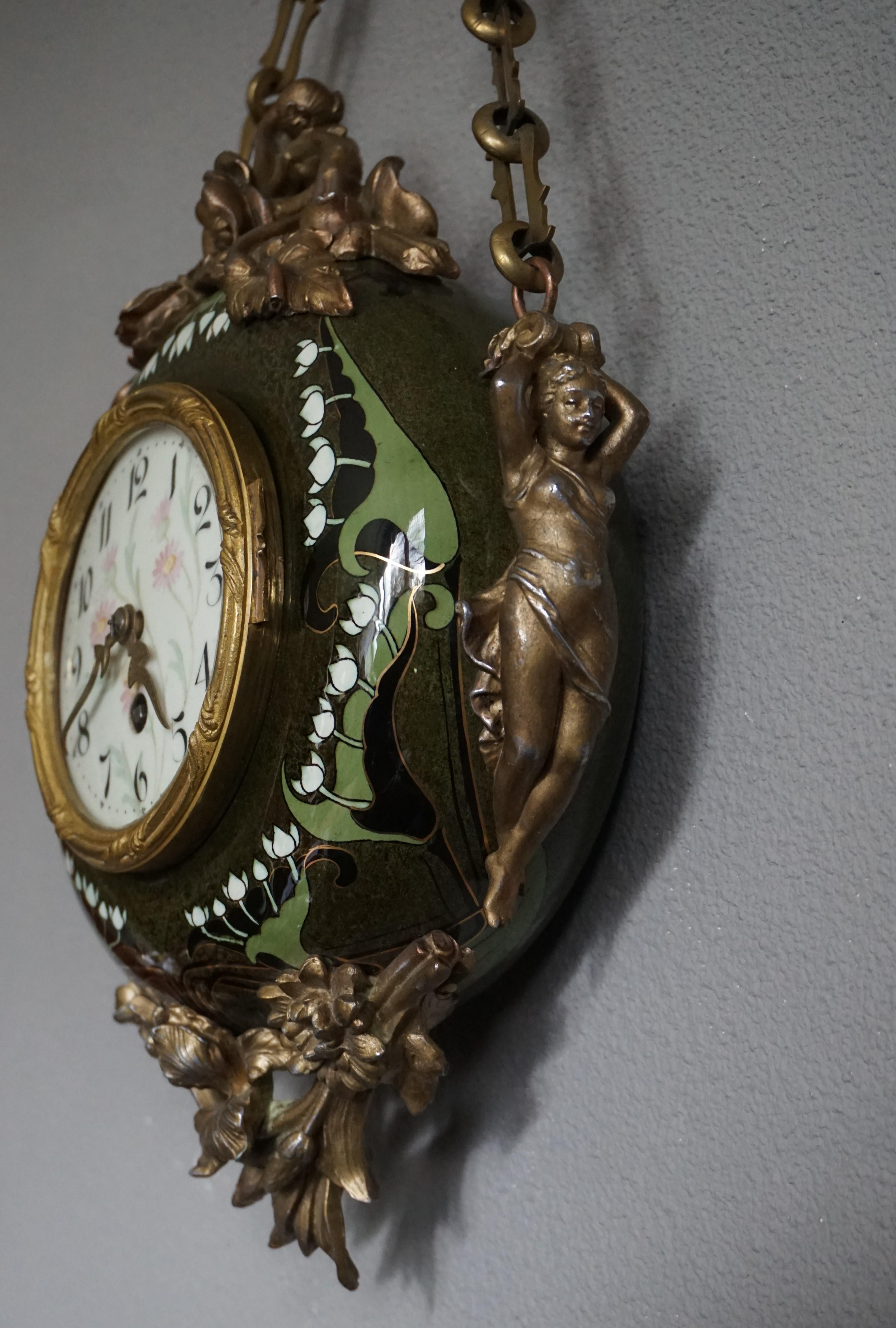Hand-Painted Antique & Hand Painted Arts & Crafts Majolica Wall Clock with Enameled Dial Face