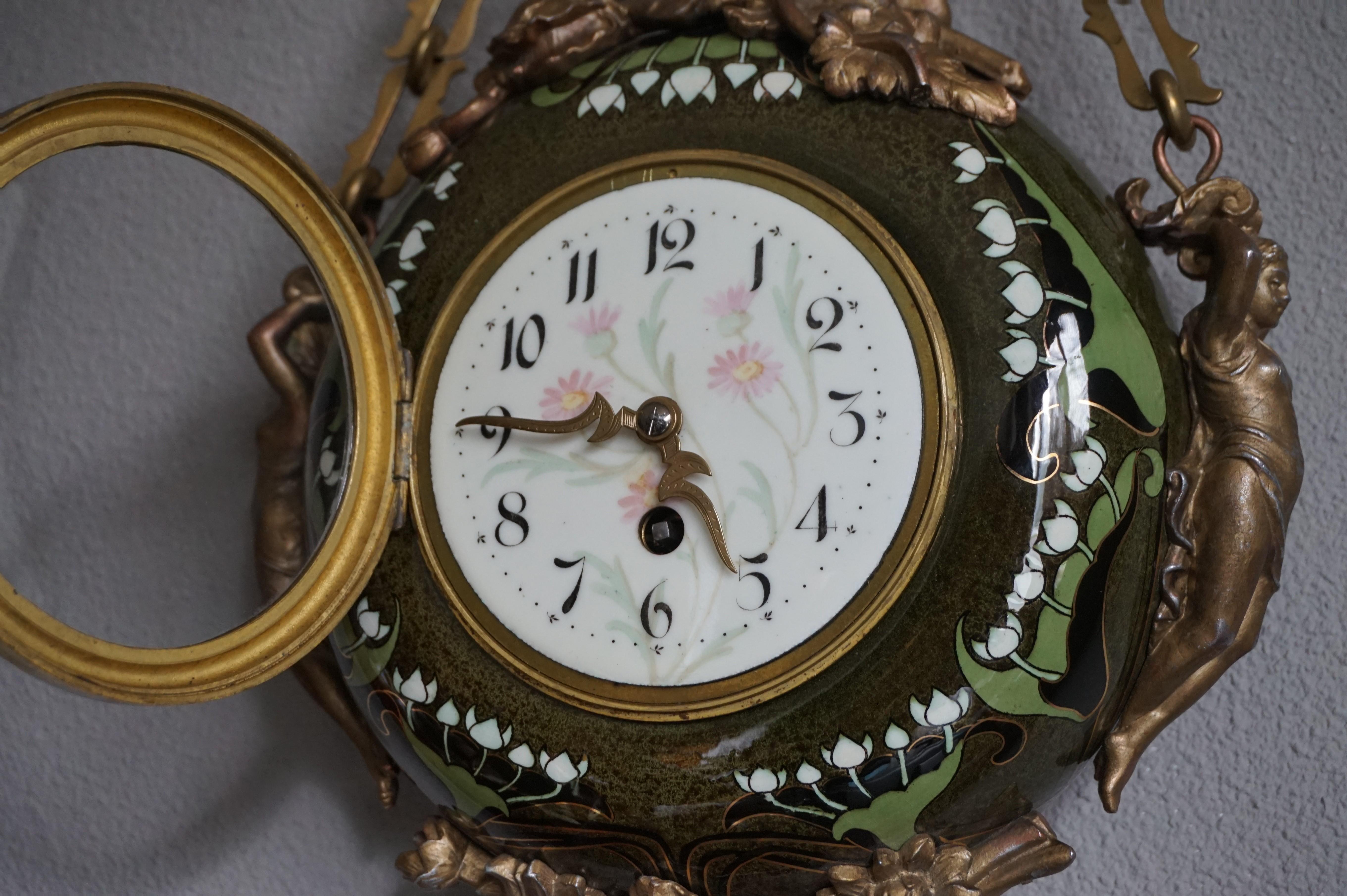 20th Century Antique & Hand Painted Arts & Crafts Majolica Wall Clock with Enameled Dial Face