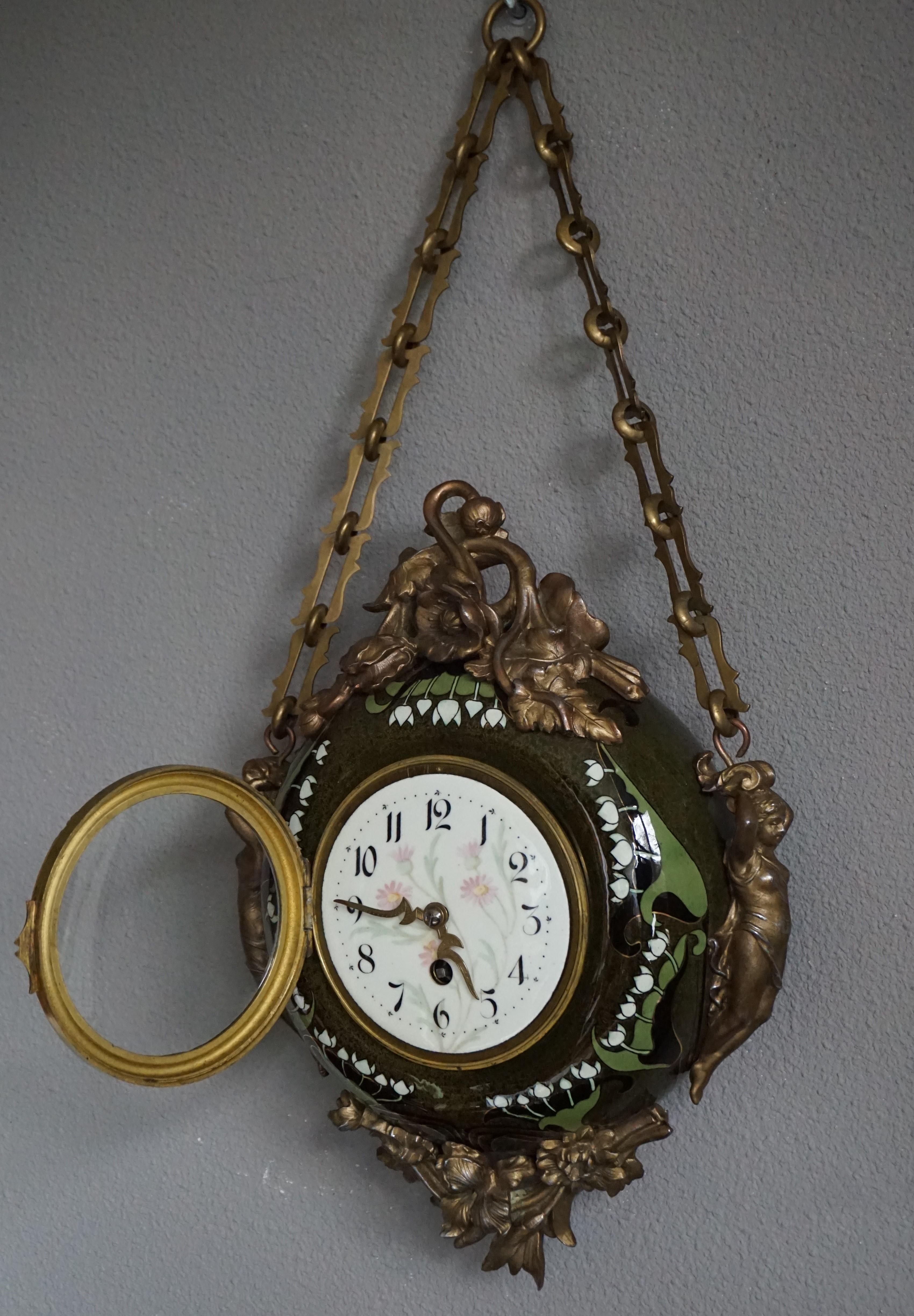 Antique & Hand Painted Arts & Crafts Majolica Wall Clock with Enameled Dial Face 1