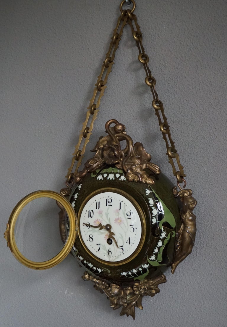 Antique and Hand Painted Arts and Crafts Majolica Wall Clock with