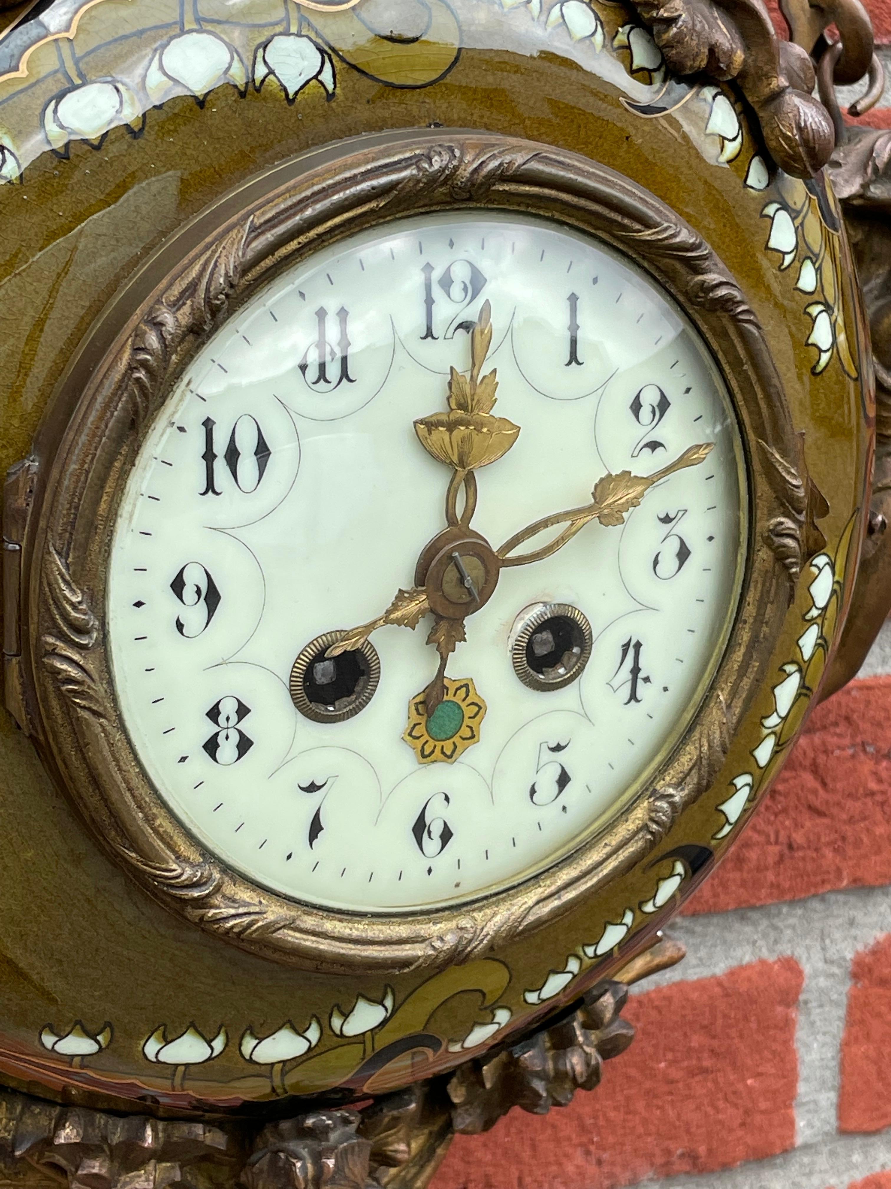 Antique & Hand Painted Arts & Crafts Majolica Wall Clock with Enameled Dial Face 2