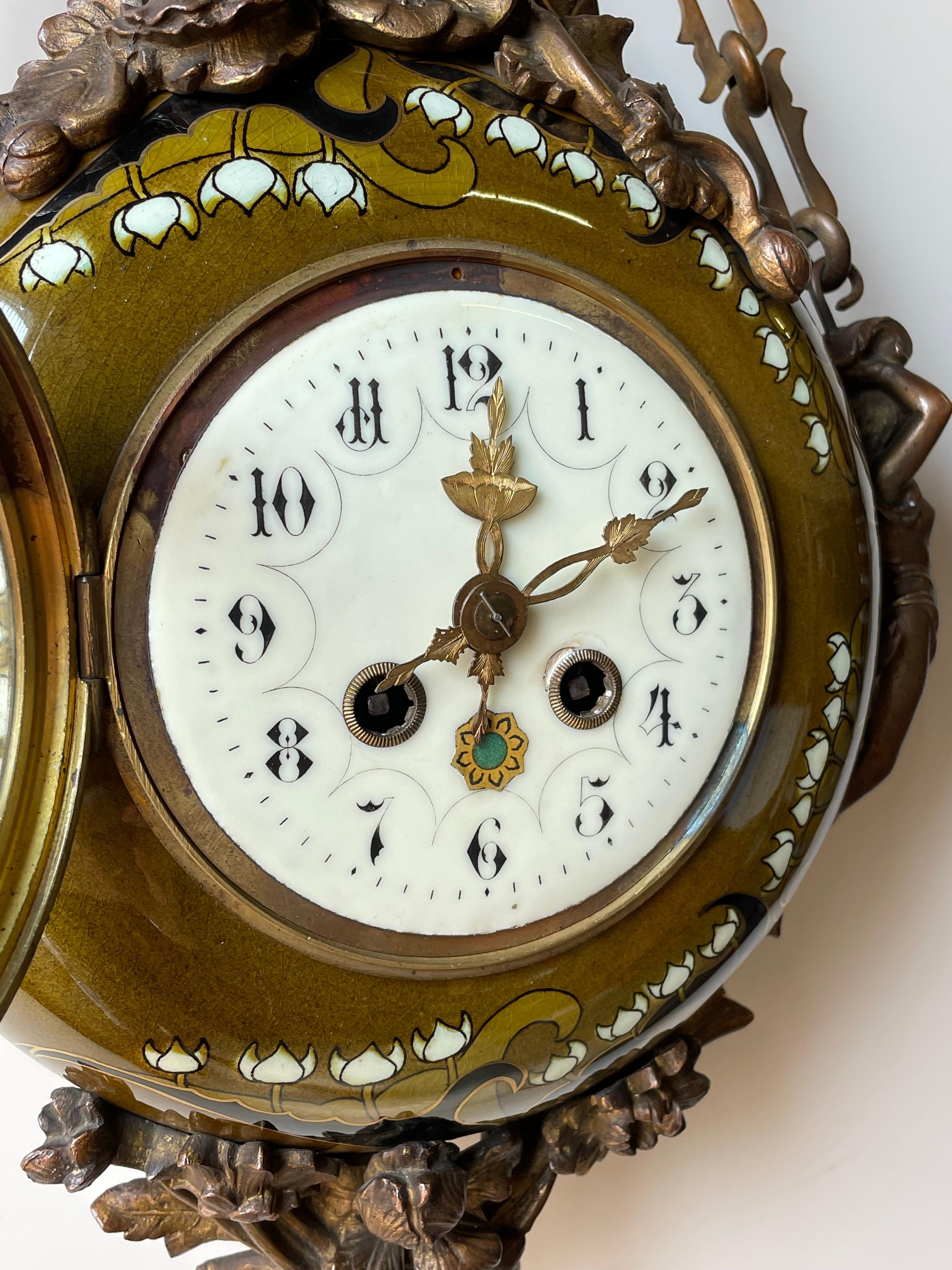 Antique & Hand Painted Arts & Crafts Majolica Wall Clock with Enameled Dial Face In Excellent Condition In Lisse, NL