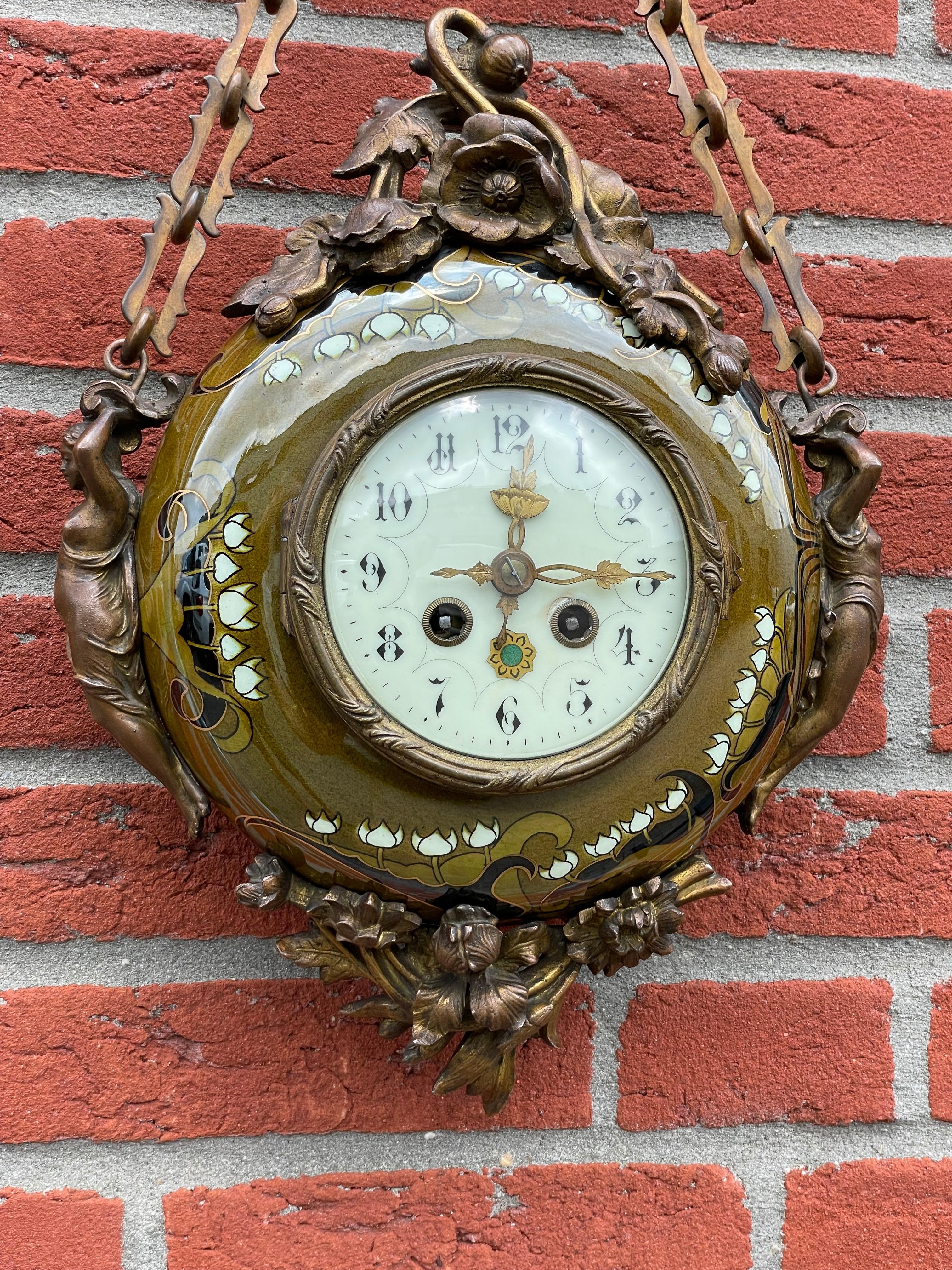 Antique & Hand Painted Arts & Crafts Majolica Wall Clock with Enameled Dial Face 1