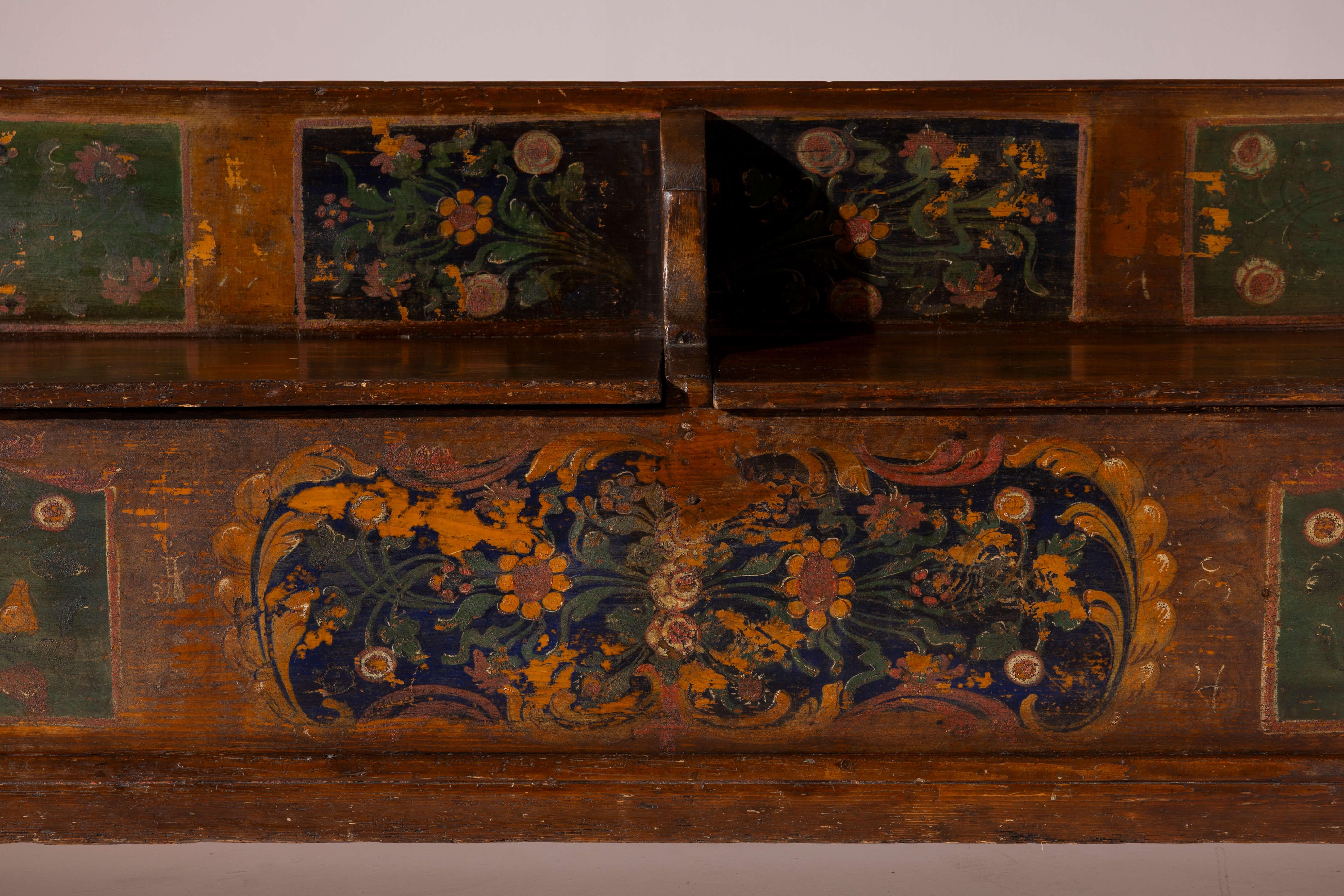 Antiguo banco pintado a mano con almacenaje, Italia, finales del siglo XIX en Bueno estado para la venta en Chiavari, Liguria