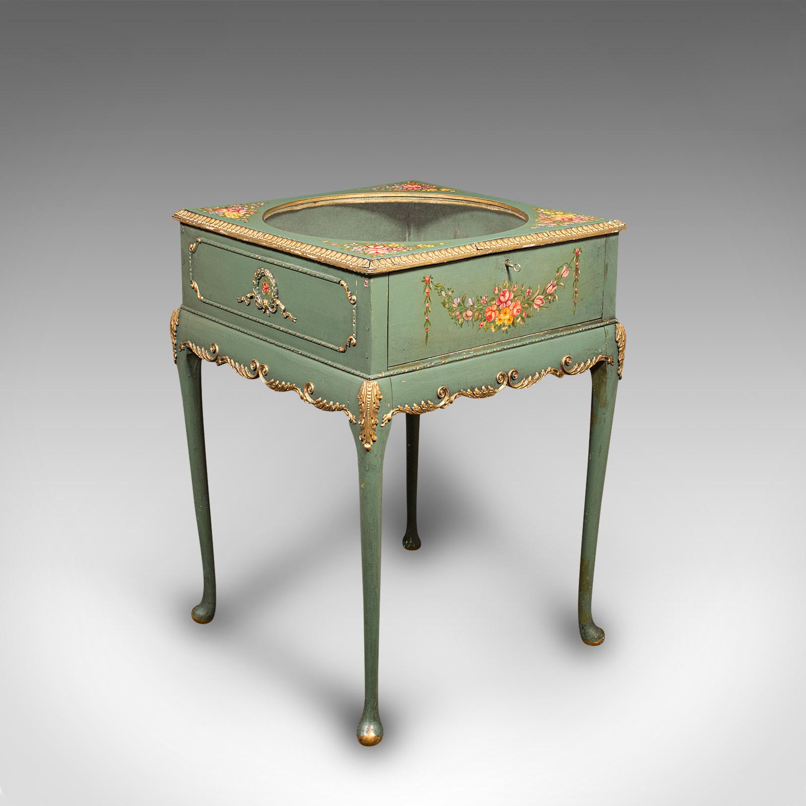 This is an antique hand-painted bijouterie table. A French, decorated pine and glass display cabinet, dating to the late Victorian period, circa 1900.

Delightfully presented bijouterie display case, graced with brilliant colour
Displaying a
