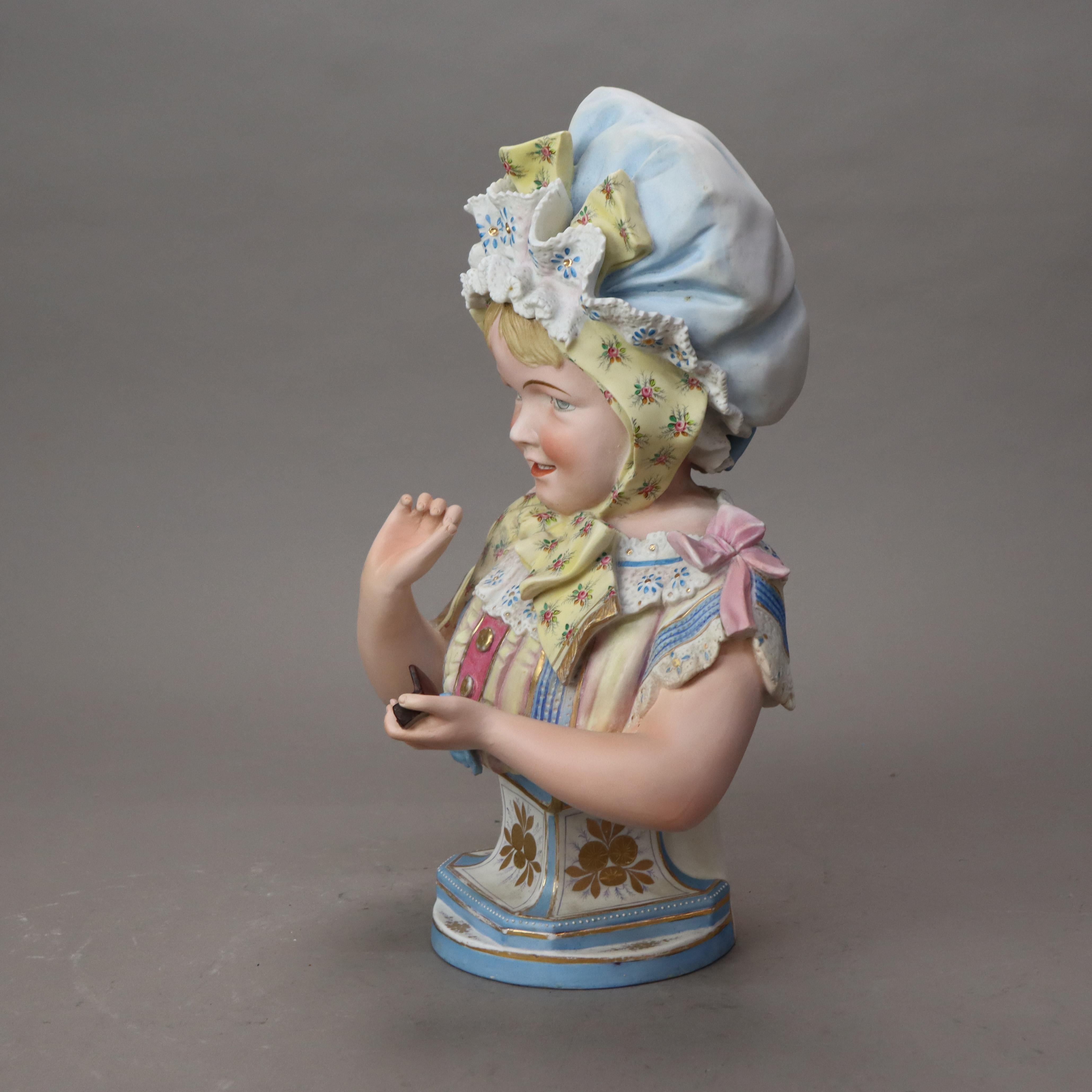 Hand-Painted Antique Hand Painted Bisque Bust of a Young Girl C1890