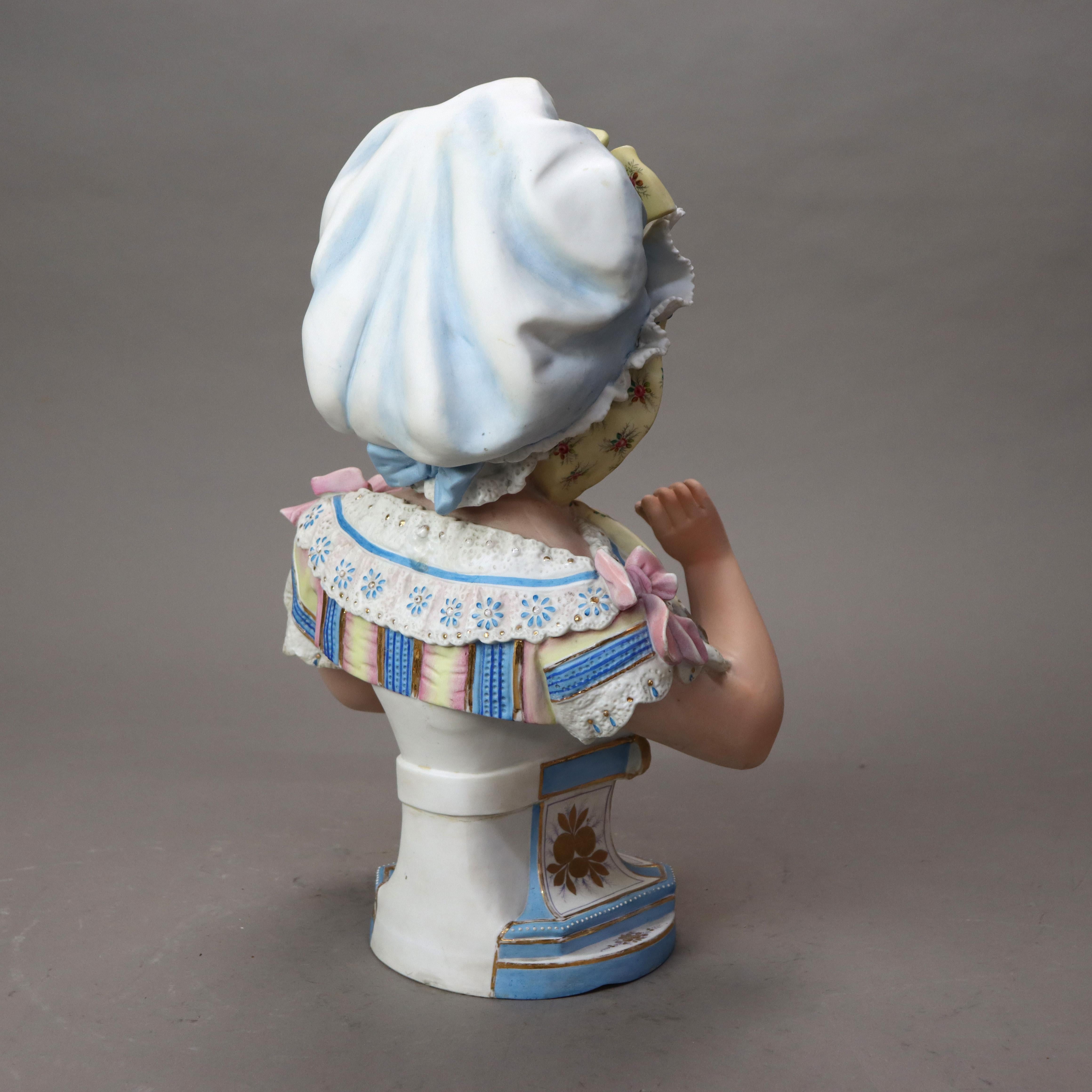 Antique Hand Painted Bisque Bust of a Young Girl C1890 In Good Condition In Big Flats, NY