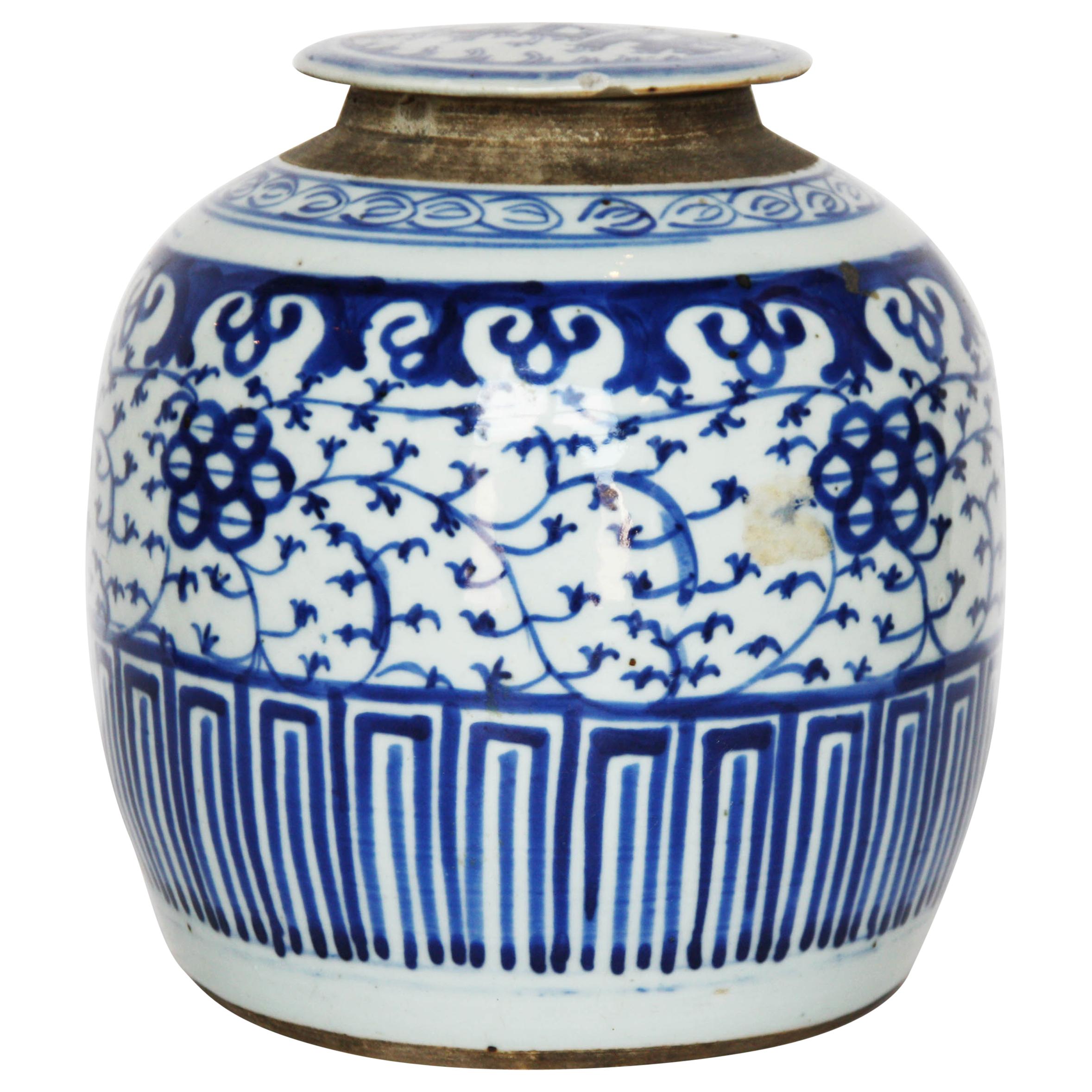 Antique Hand Painted Blue and White Chinese Ginger Jar