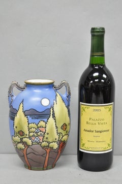 Antique Hand Painted Blue Nippon Porcelain Halloween Pattern Twin Handle Vase
