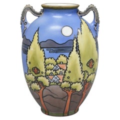 Antique Hand Painted Blue Nippon Porcelain Halloween Pattern Twin Handle Vase