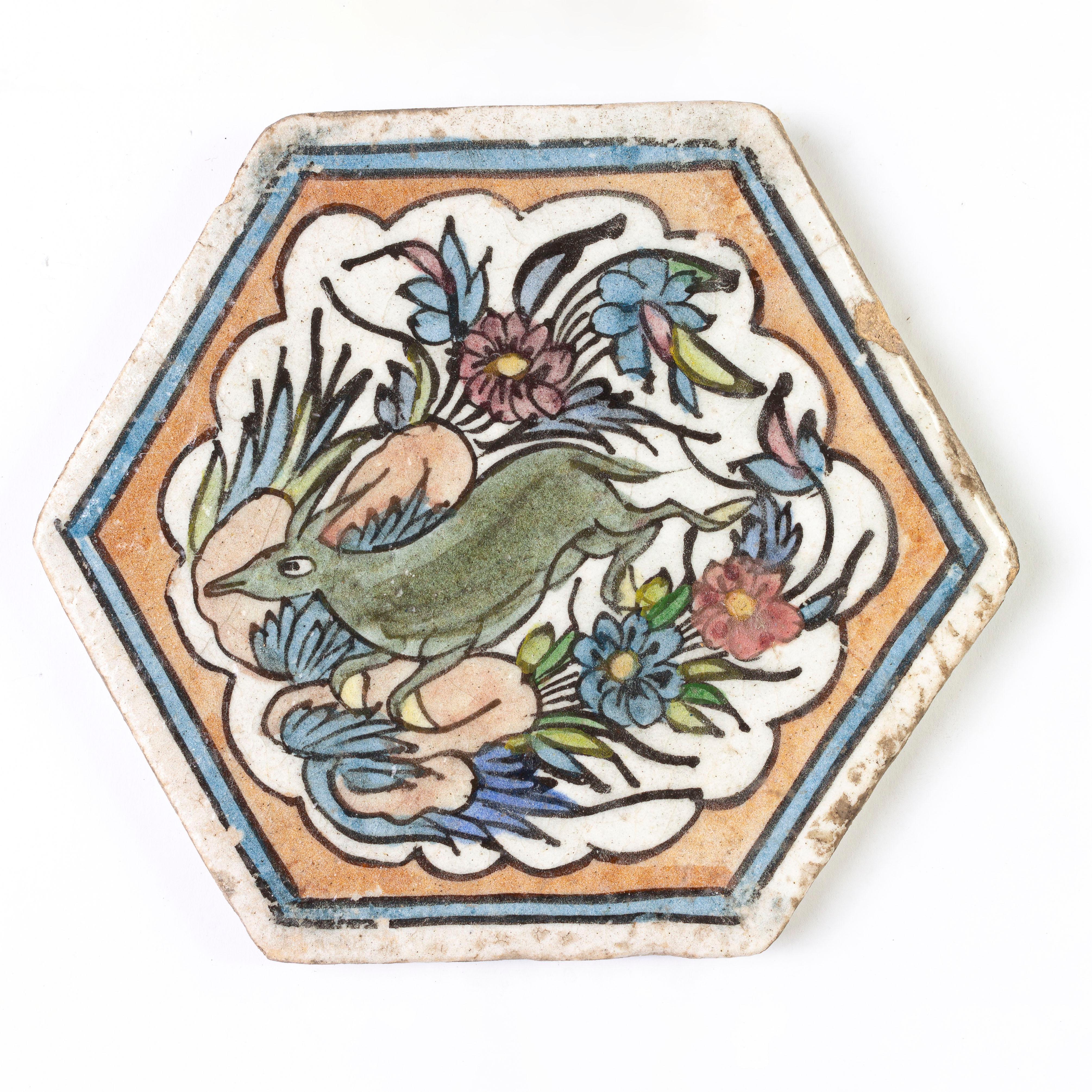 Central Asian Antique Hand-painted Ceramic Tiles For Sale