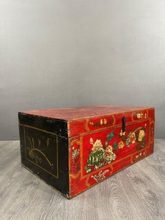 Antique hand-painted chest, floral decoration on a red background, 19th century