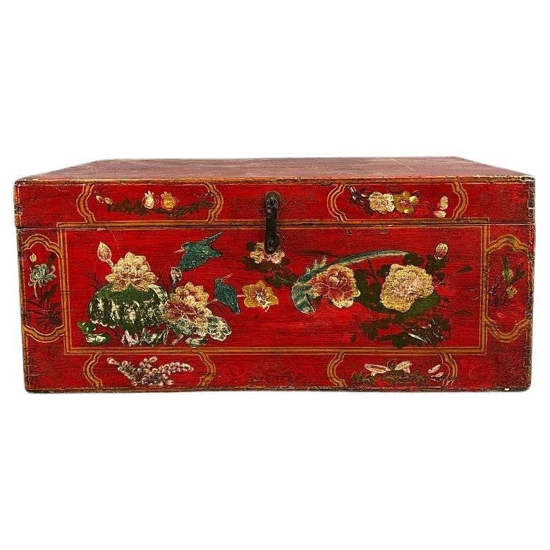 Antique hand-painted chest, floral decoration on a red background, 19th century For Sale