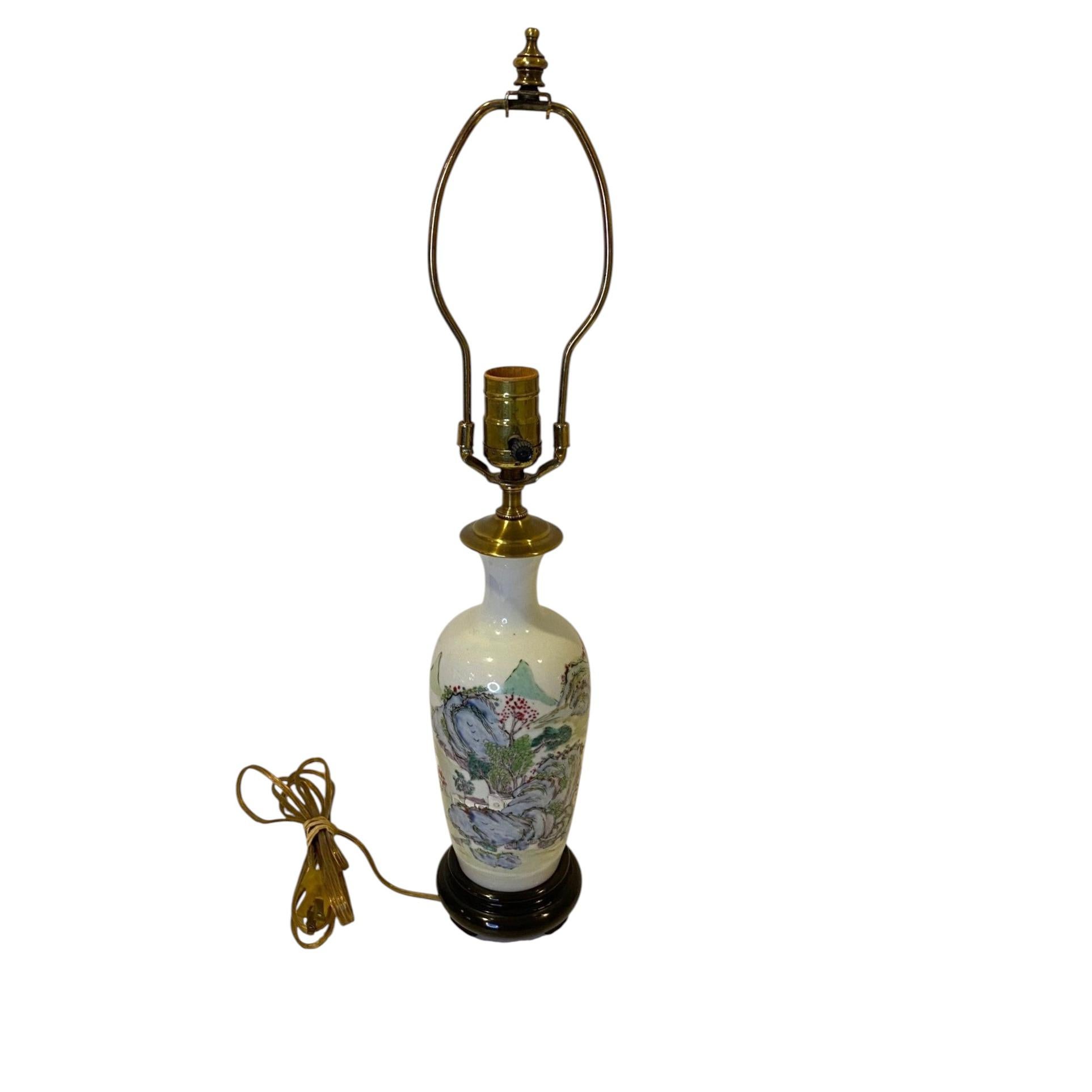 Antique Hand-Painted Chinese Vase, Circa 1870, Lamp on Turned Hardwood Base For Sale