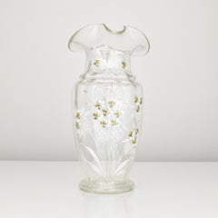 Antica caraffa Claret in vetro trasparente dipinta a mano con smalto floreale, 1900 ca.