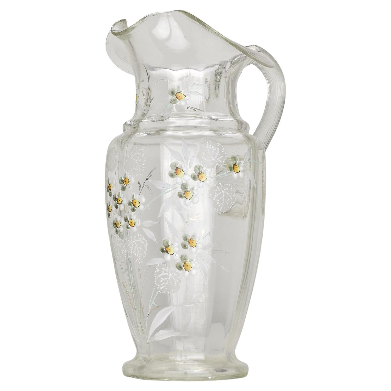 Antique Hand-Painted Clear Glass Claret Jug with Floral Enamel, c.1900 For Sale