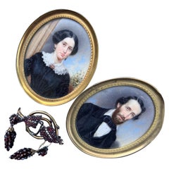 Antique Hand Painted Couple Miniature portrait and garnet pin earrings