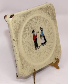 Antique Hand Painted Dutch Theme Enamelware Metal Trivet Collectible 1920s
