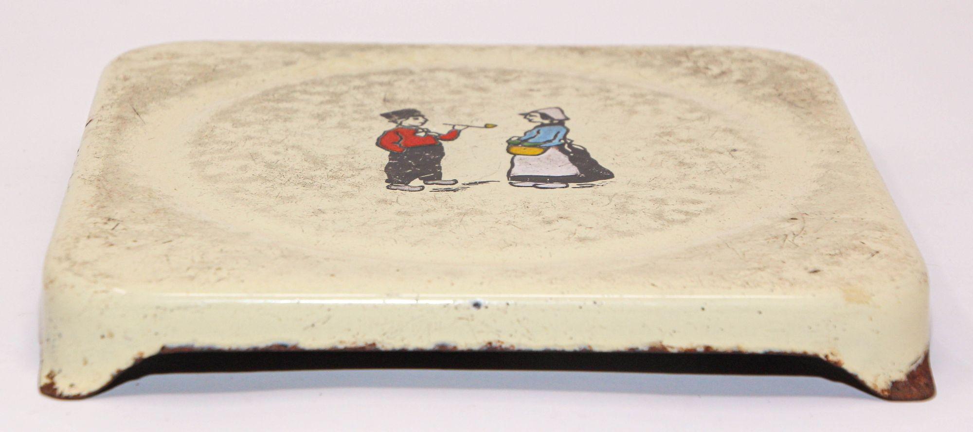 Enameled Antique Hand Painted Dutch Theme Enamelware Metal Trivet Collectible 1920s For Sale