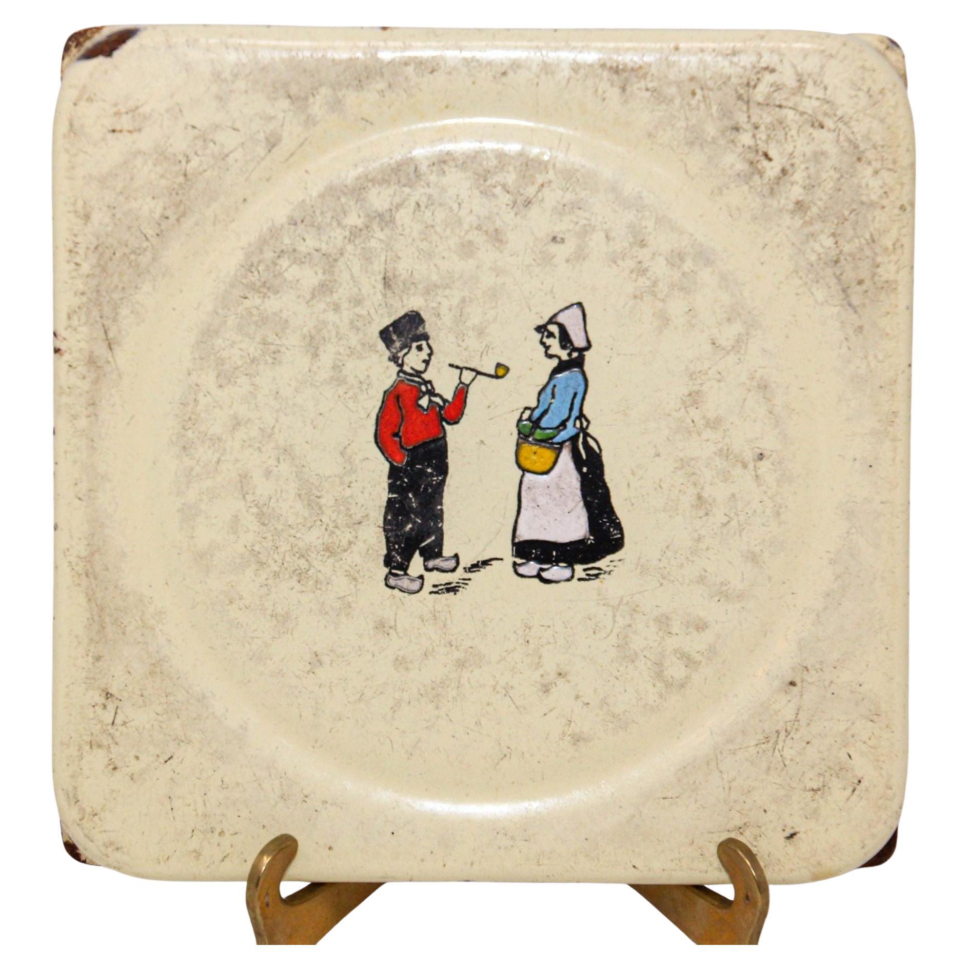 Antique Hand Painted Dutch Theme Enamelware Metal Trivet Collectible 1920s For Sale