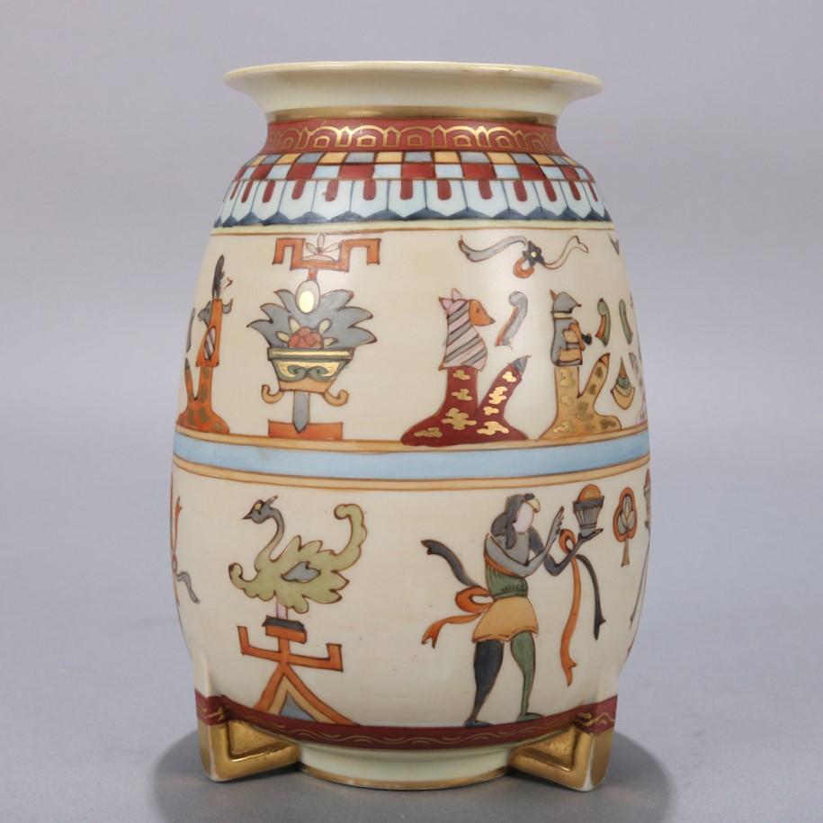 European Antique Hand Painted Egyptian Revival Nippon Porcelain Footed Vase, circa 1920
