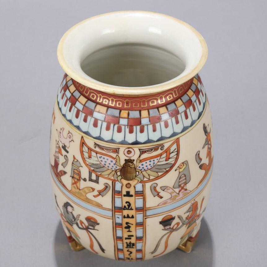 Fired Antique Hand Painted Egyptian Revival Nippon Porcelain Footed Vase, circa 1920