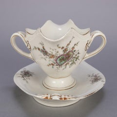 Antique Hand-Painted, Enameled and Gilt Gravy Boat with Tray, Garden Motif