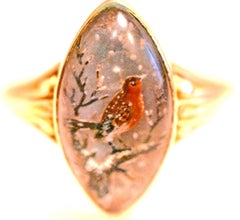 Antique Hand Painted Essex Crystal Ring Depicting a Robin, 1860