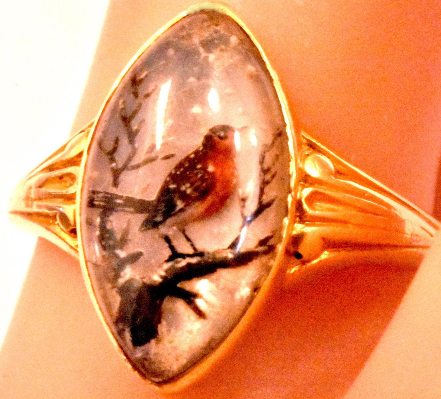 Antiker handbemalter Essex-Kristallring:: der einen Rotkehlchen darstellt:: 1860 2