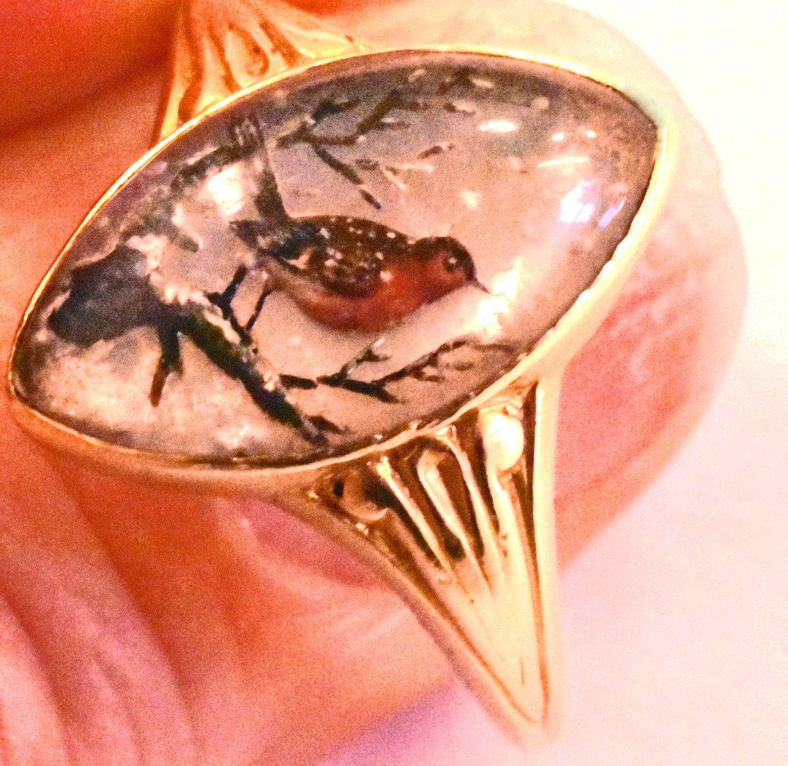 Victorian Antique Hand Painted Essex Crystal Ring Depicting a Robin, 1860