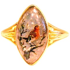 Antique Hand Painted Essex Crystal Ring Depicting a Robin, 1860