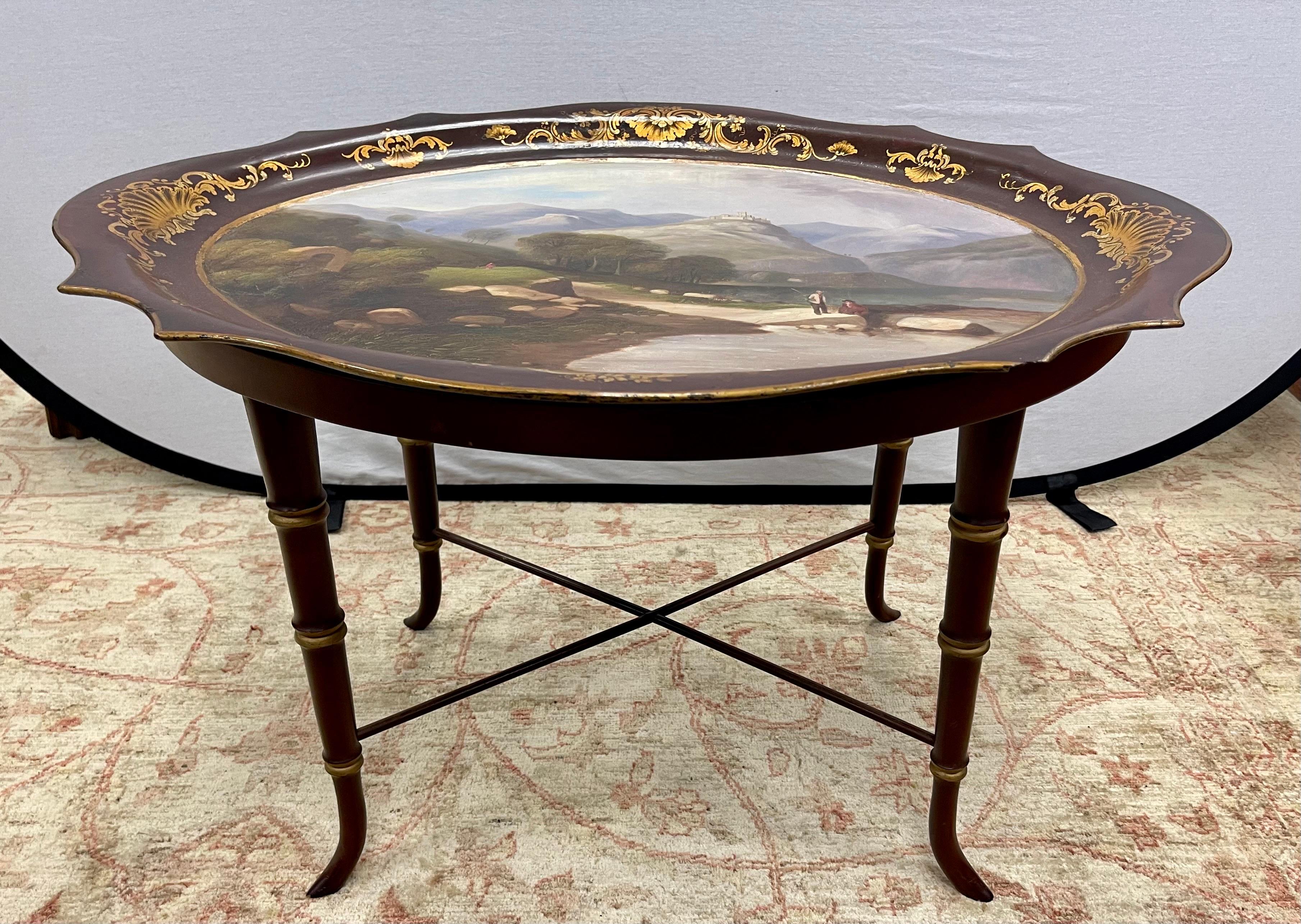 American Antique Hand Painted Faux Bamboo and Papier Mache Cocktail Coffee Tray Table