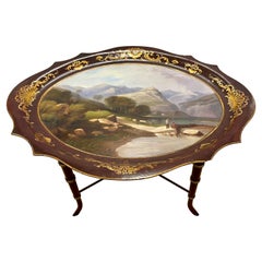 Antique Hand Painted Faux Bamboo and Papier Mache Cocktail Coffee Tray Table