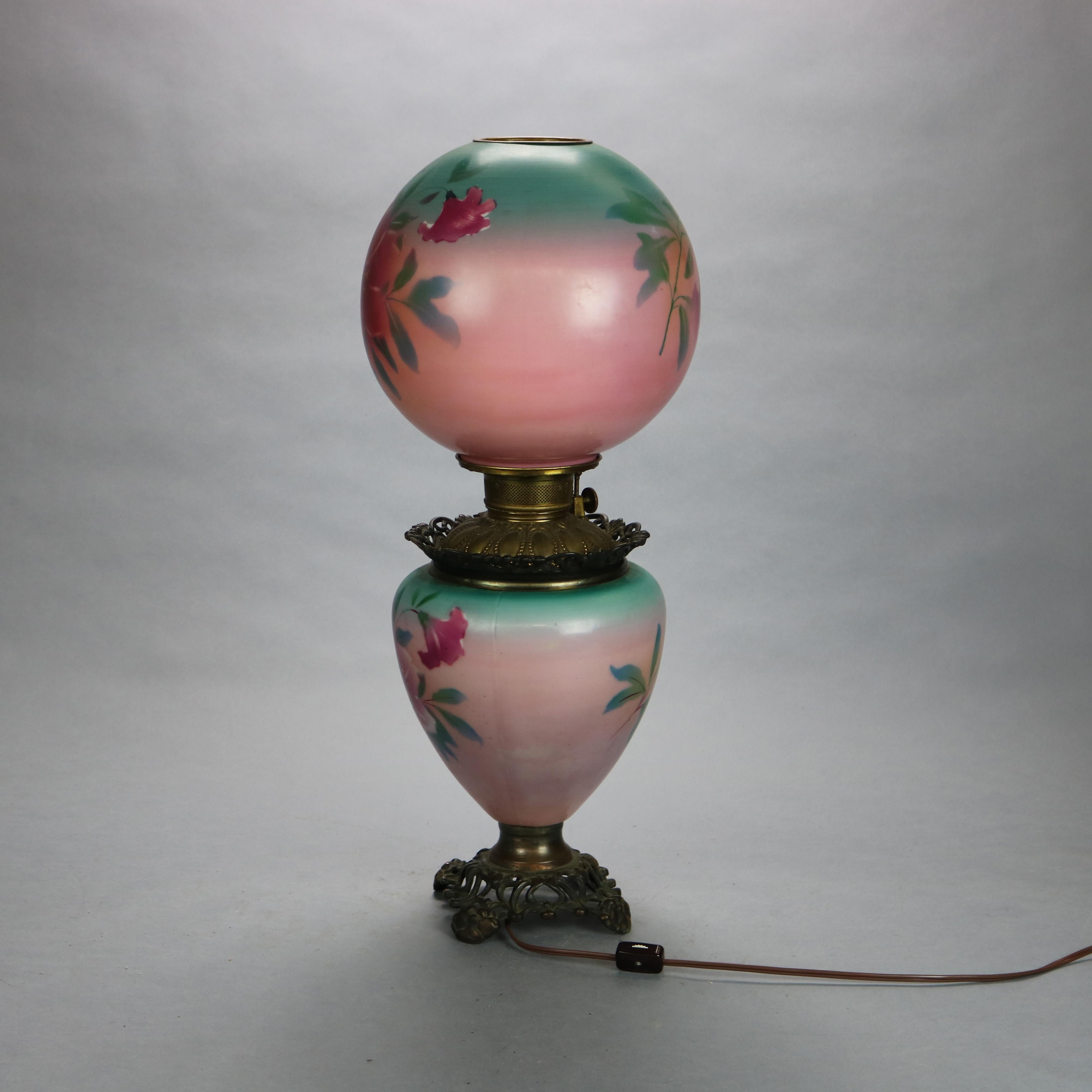 Victorian Antique Hand-Painted Floral Gone with the Wind Parlor Lamp, circa 1890
