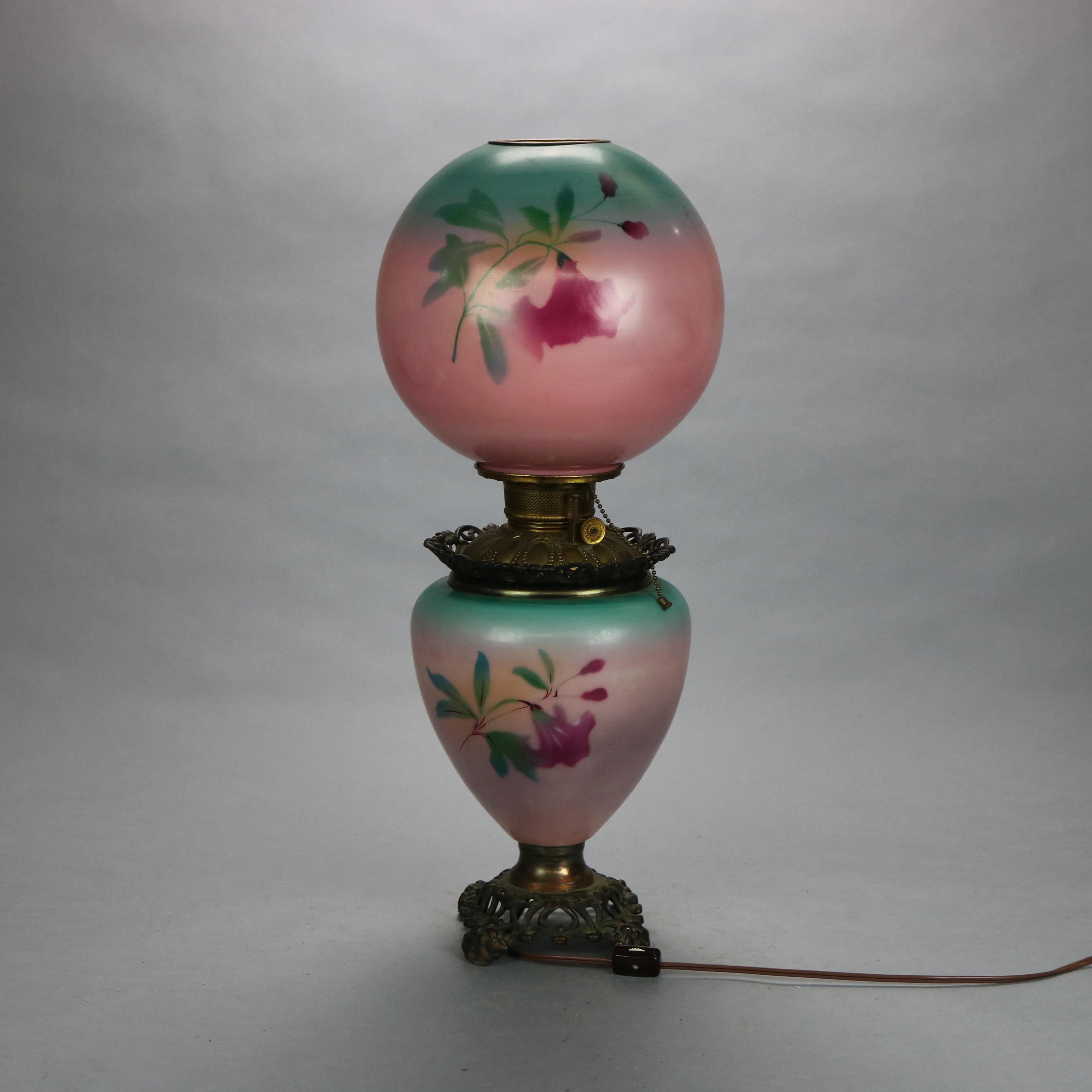 American Antique Hand-Painted Floral Gone with the Wind Parlor Lamp, circa 1890