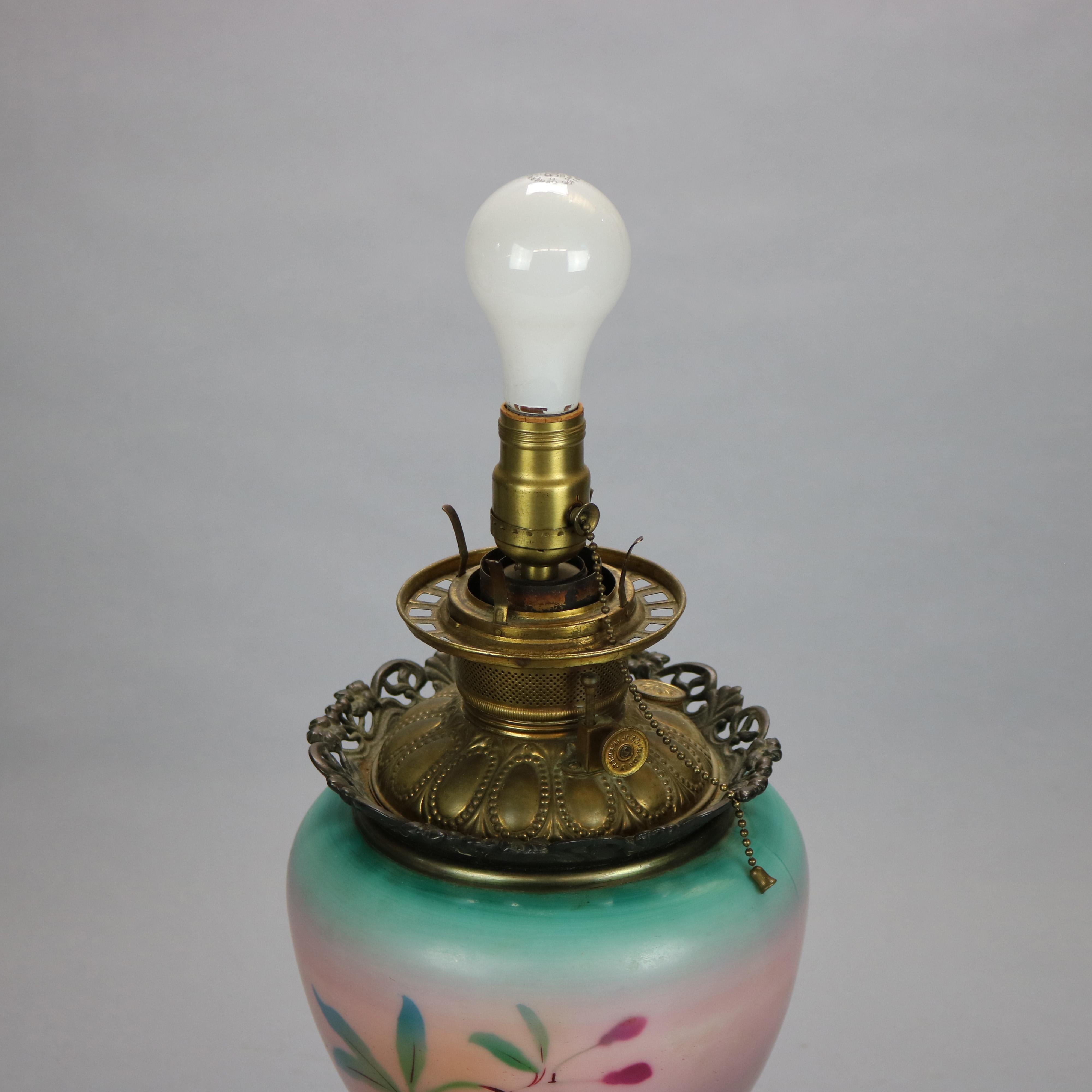 Cast Antique Hand-Painted Floral Gone with the Wind Parlor Lamp, circa 1890