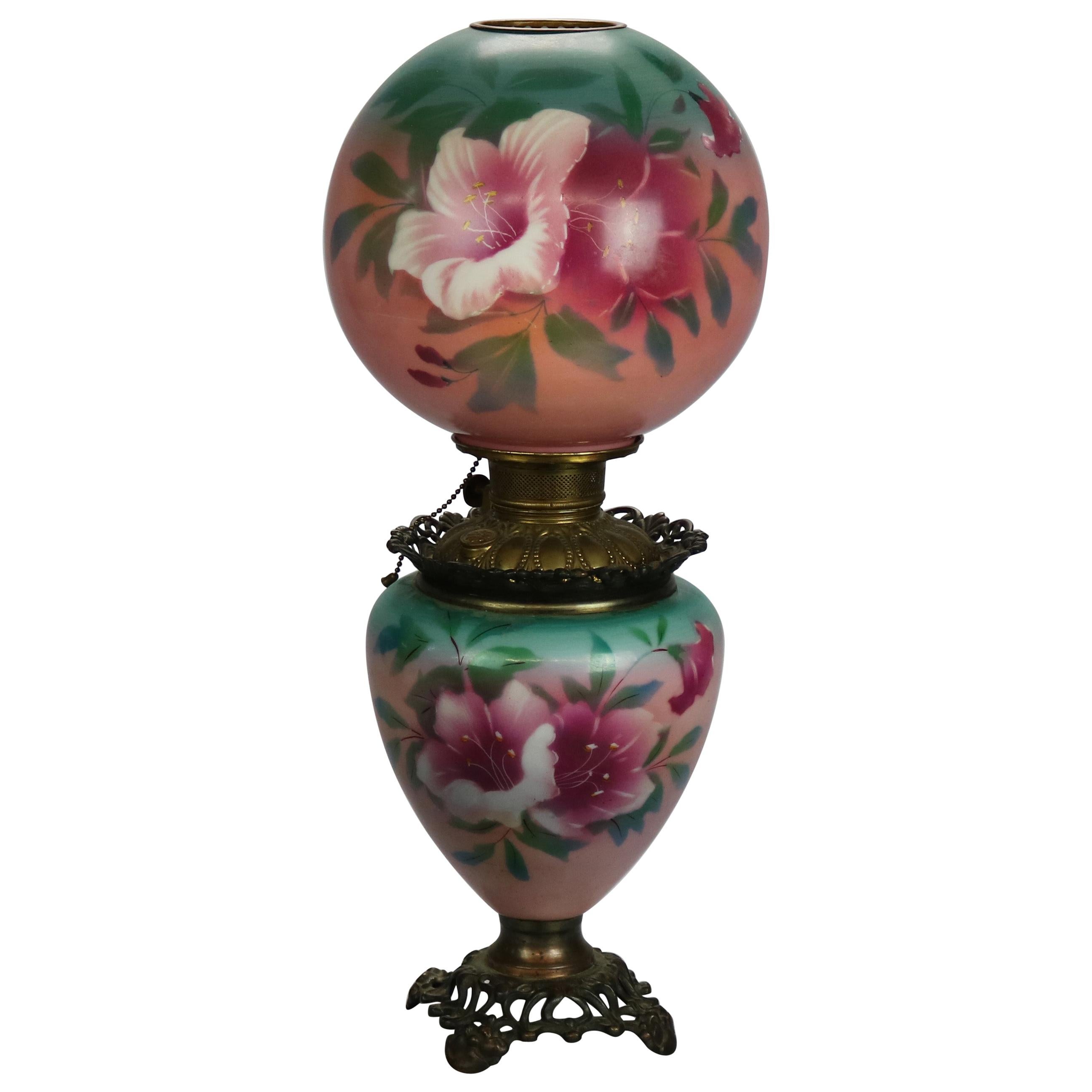Antique Dual Wick Oil Lamp, Handpainted Floral, Circa 1890s - Ruby Lane