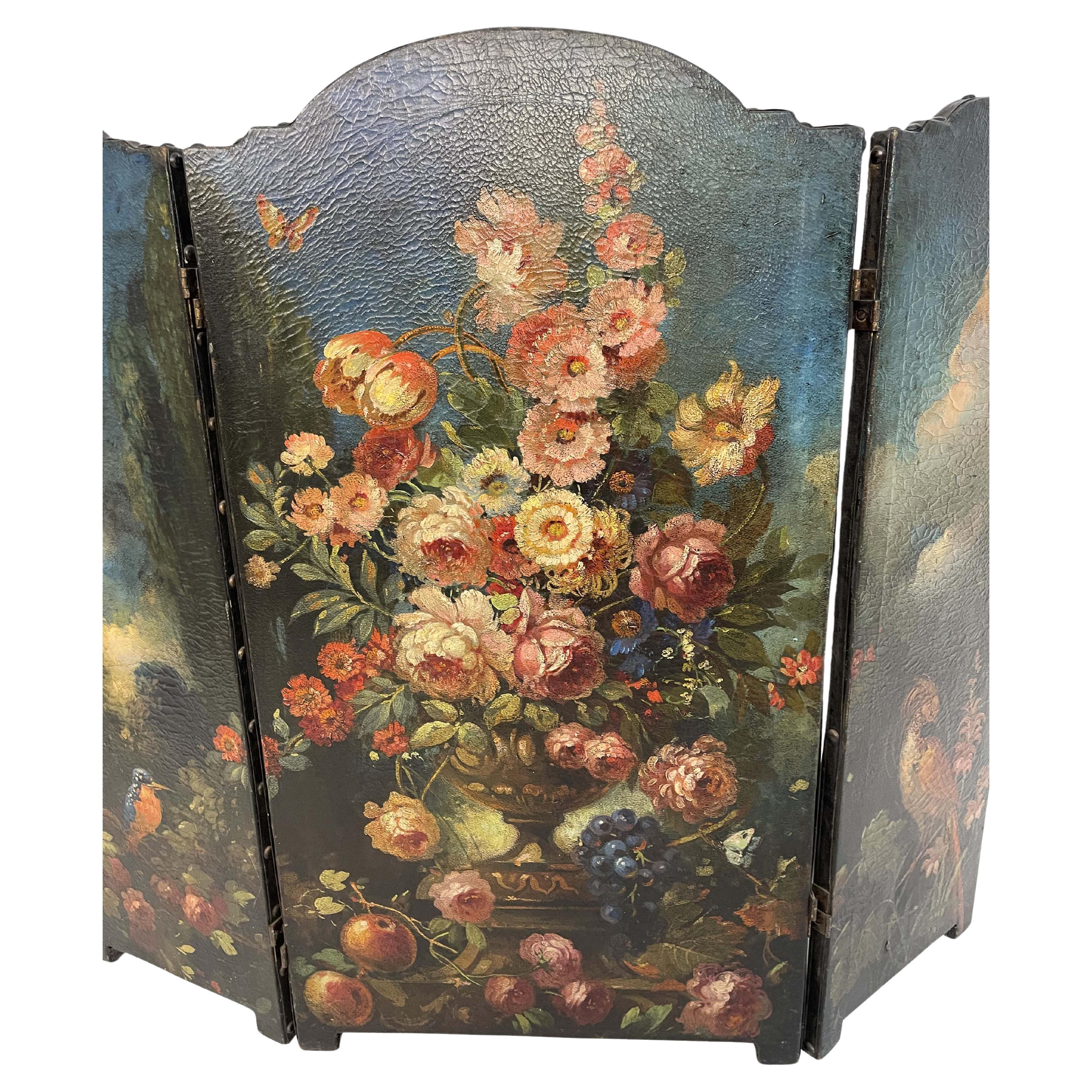 Antique Hand-Painted Floral Leather Fire Screen
Beautifully hand-painted floral bouquets on all 3 sides of this original leather antique fire screen.  A lovely blue background with skies of puffy white clouds, a prominent bouquet of roses,
